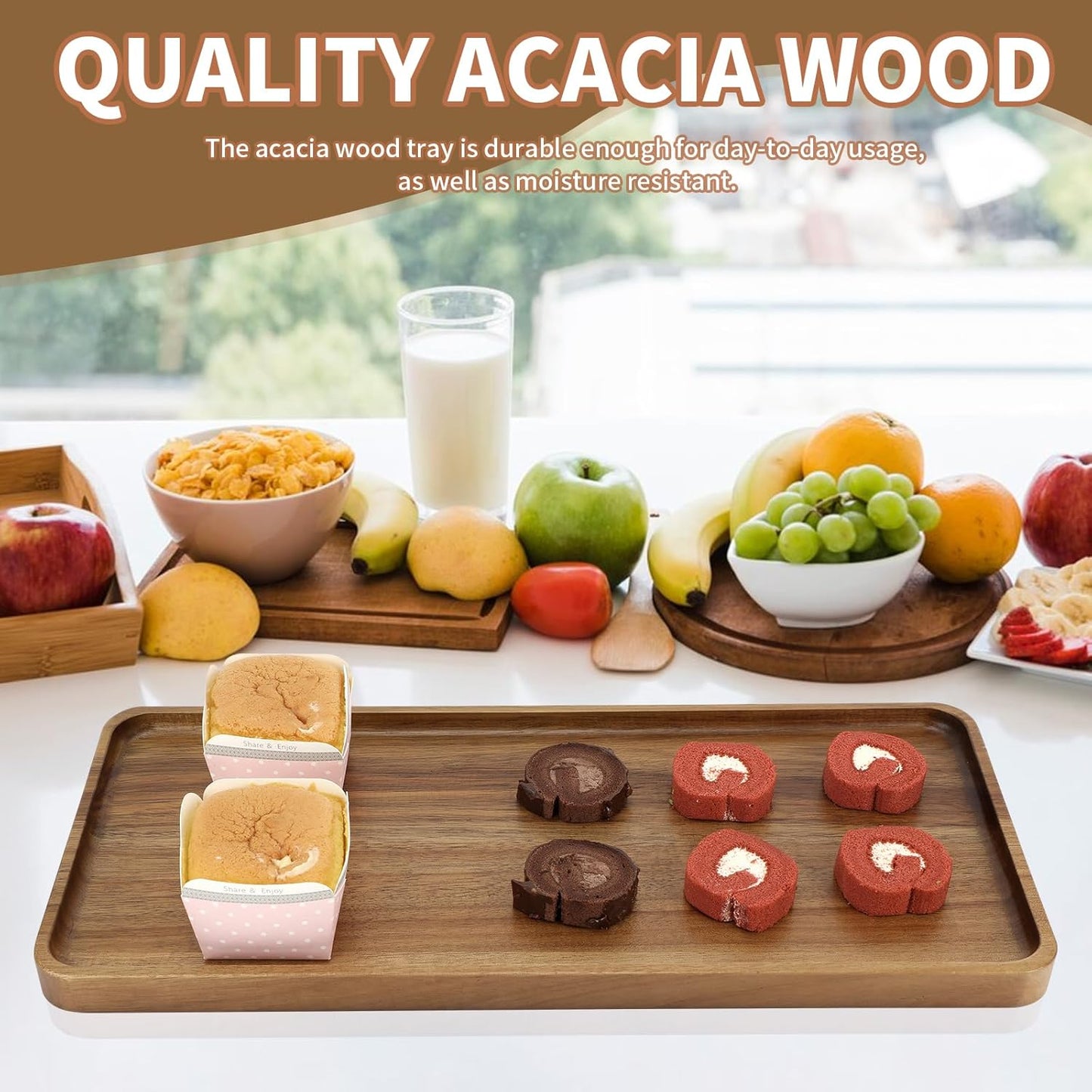 2 pcs 15.7" x 7" Large Solid Acacia Wood Serving Trays Rectangular Wooden Serving Platters Natural Wooden Boards for Bar Coffee Party
