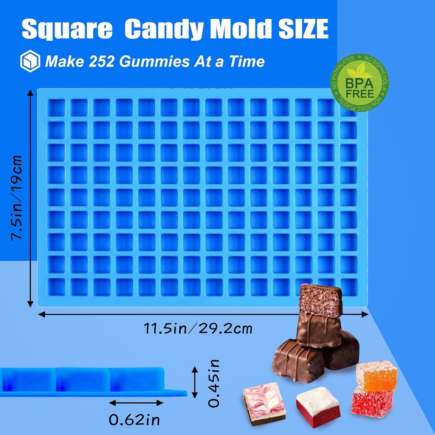 50 Cavities Mini Square Silicone Candy Molds -Square Hard Candy Mold for Hard Candy, Chocolate, Gummy, Caramel, Ganache, Ice Cubes.2 Packs- Blue&Green