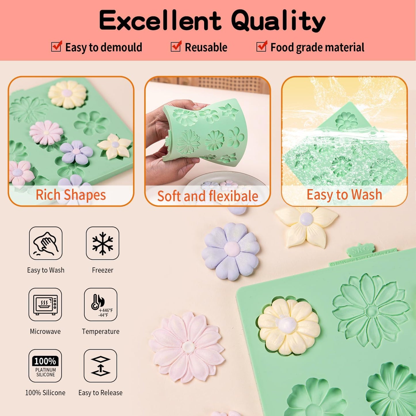 KALAIEN Flower Silicone Molds,Rose Flower Chocolate Mold Daisy Silicone Mold for Crafts,2 Pcs Rose Silicone Mold Fondant Molds for Cake Decorating