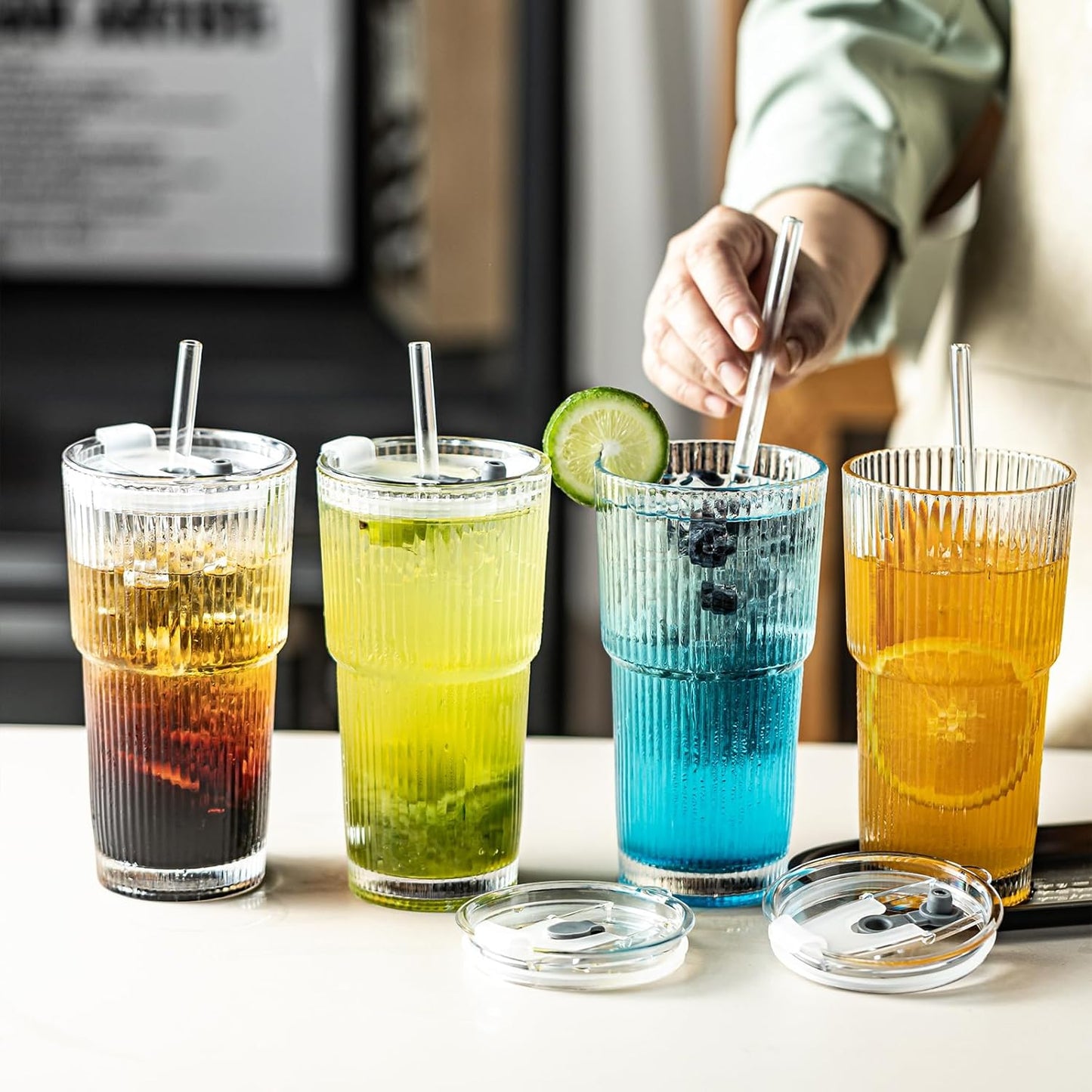 20oz Ribbed Drinking Glasses with Lids and Glass Straws-Thickened Glass cup -Vintage glass straw cups- Ideal for Iced Coffees, Cocktails, Juices, Family Use and Parties (4)