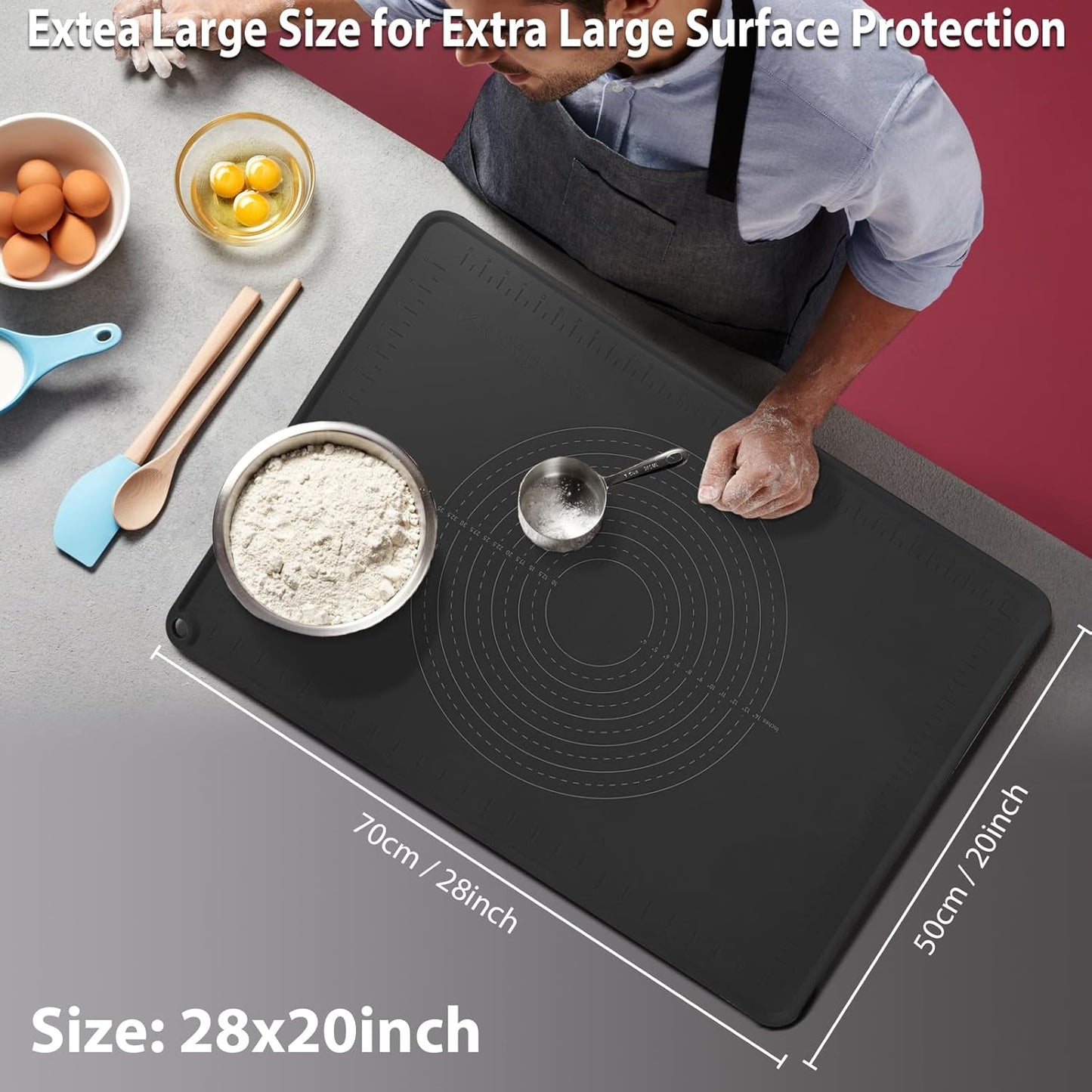 Silicone Baking Mat 28" x 20" Extra Thickness Dough Rolling Mat with Measurements and Edge Heightening, Non-stick Food Grade Silicone Pastry Mat for Pastry, Bread, Cookies, Pizza, Fondant, Pasta