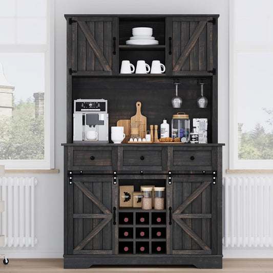 4 EVER WINNER 72" Coffee Bar Cabinet with Sliding Barn Door & Wine Racks, Hutch Cabinet with Storage and 3 Drawers, Farmhouse Coffee Bar with Wine Glass Holder for Dining Room Kitchen (Rustic Oak)