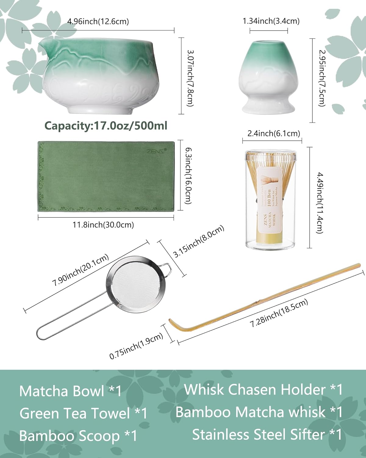ZENS Matcha Whisk Set, Ceramic Matcha Set Includes Matcha Bowl, Matcha Whisk and Holder, Bamboo Scoop, Stainless Sifter & Tea Towel - 6Pcs Matcha Kit for Matcha Ceremony, Blue