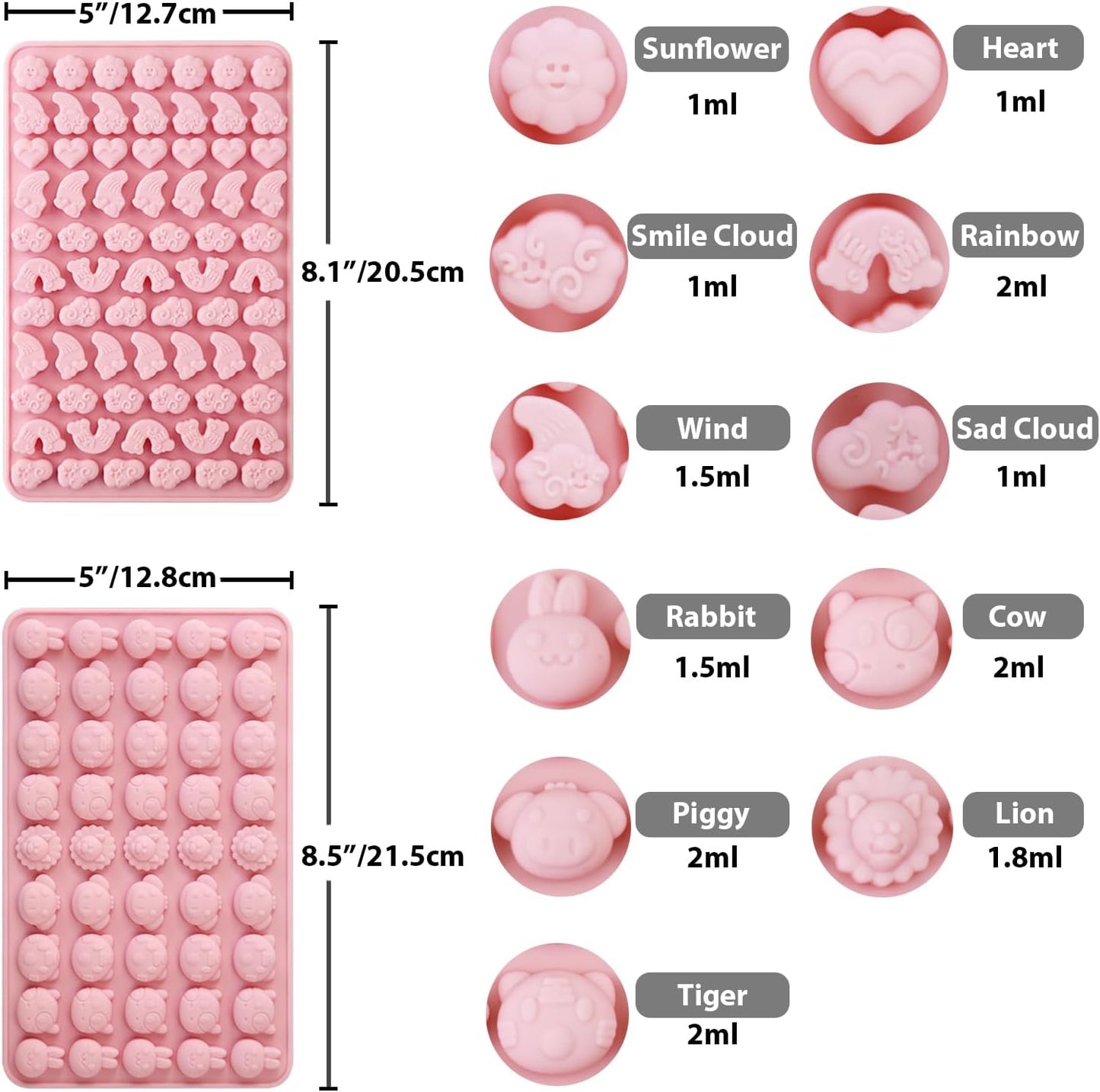 Animals & Flowers Silicone Candy molds, Non-Stick Gummy Bear Chocolate Gelatin Tray with 2 Droppers Creates 260 Alpaca, Clover, Animals, Rainbow & Cloud, Pack of 4