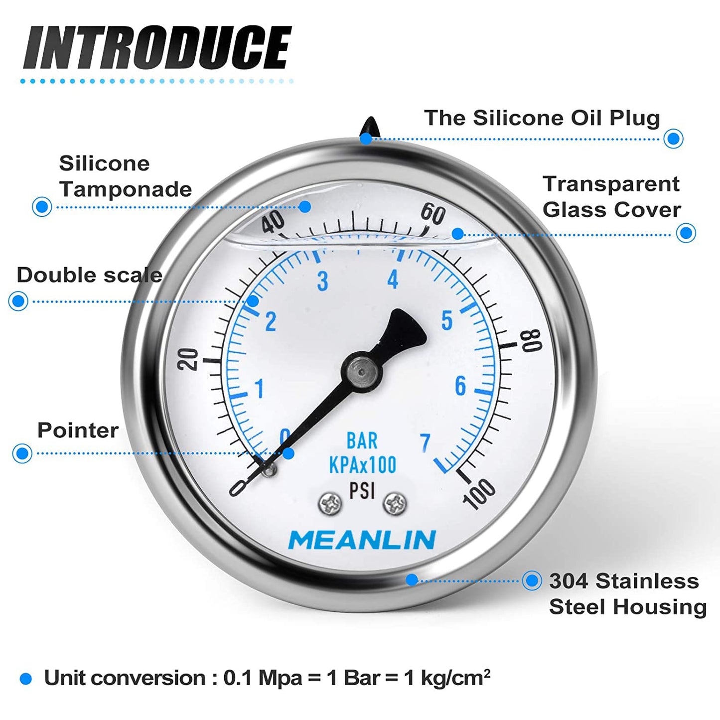 MEANLIN MEASURE 0~100Psi Stainless Steel 1/4" NPT 2.5" FACE DIAL Liquid Filled Pressure Gauge WOG Water Oil Air Back Mount (Pack of 2), with 1/2" NPT and 3/8" NPT Hex Bushing