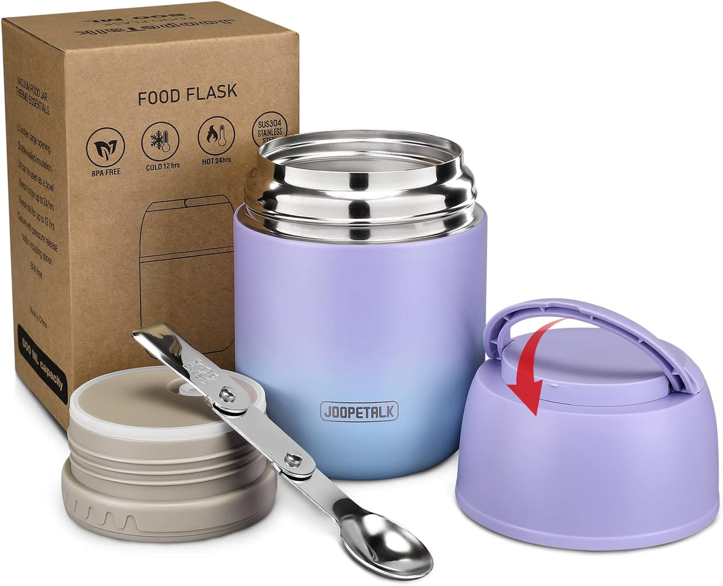 17 oz Insulated Lunch Containers Hot Food Jar, Wide Mouth Lunch Thermo for Hot Food Kids Adults, Vacuum Stainless Steel Thermo Lunch Box With Handle Folding Spoon for School, Office(Purple blue)