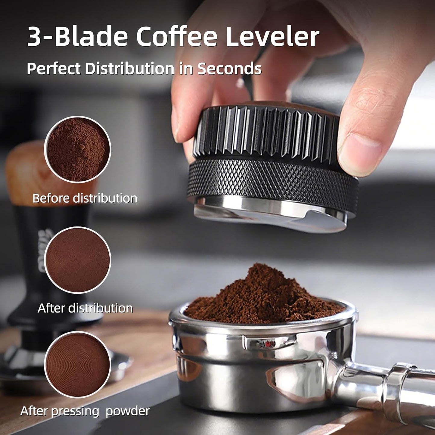 Bincoo 58mm Espresso Distributor Hand Tamper - Adjustable Coffee Leveler Tool for 58mm Portafilter, Walnut Wood Lid, 3-Slope Base Adjustable Depth Espresso Distributor for Barista(58MM Black)