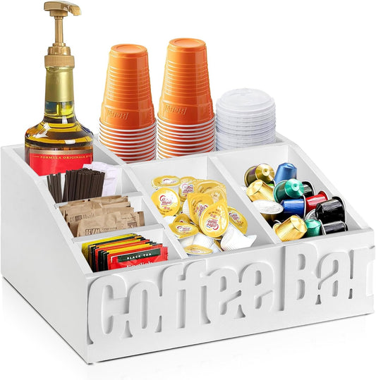 Coffee Bar Organizer for Accessories, Wood Station for Countertop, Farmhouse Pod Holders, White Condiment Organizer for Decor