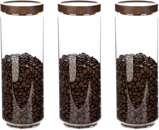 Glass Storage Jars with Wooden Lid Set of 3, 44 OZ High Borosilicate Glass Containers Kitchen Food Canisters s for Coffee Beans/Sugar/Noodles/Nuts/Cookies/Pasta