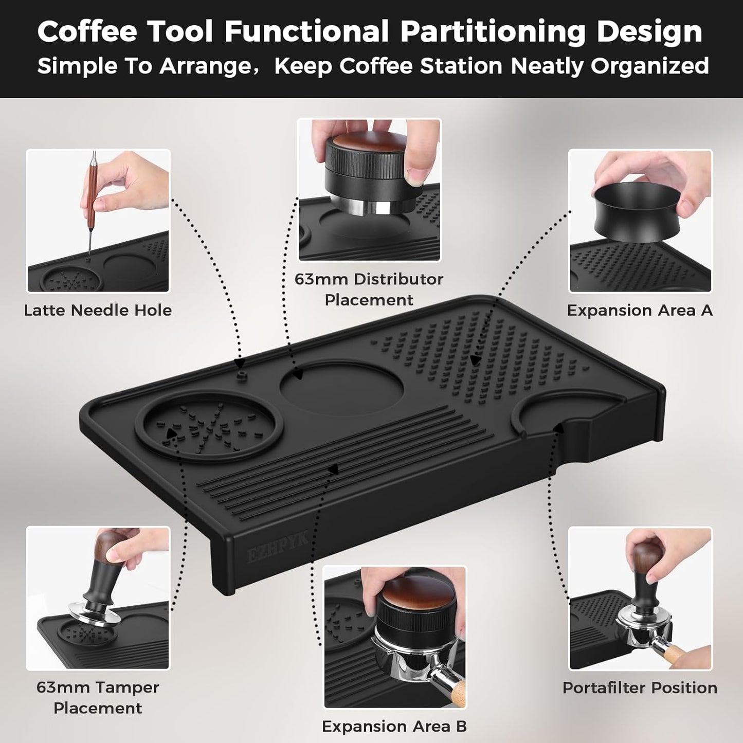 Food Grade Silicone Espresso Tamping Mat for Counter – Multi-Slot Coffee Tamper Mat for Barista Espresso Machine Accessories – Waterproof Neat Tamp Station Coffee Bar Mat for Countertop Black