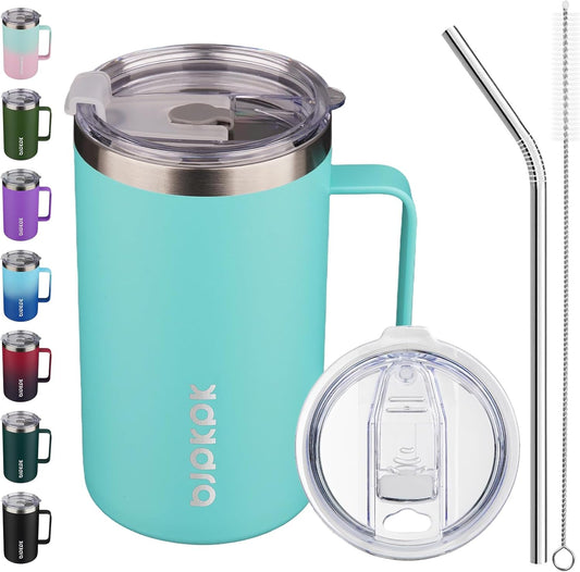 BJPKPK Insulated Coffee Mug with 2 Lids, 25oz Stainless Steel Insulated Tumbler with Handle, Double Wall Vacuum Coffee Cups, BPA Free Travel Mug for Coffee, Tea and Drinks, Turquoise
