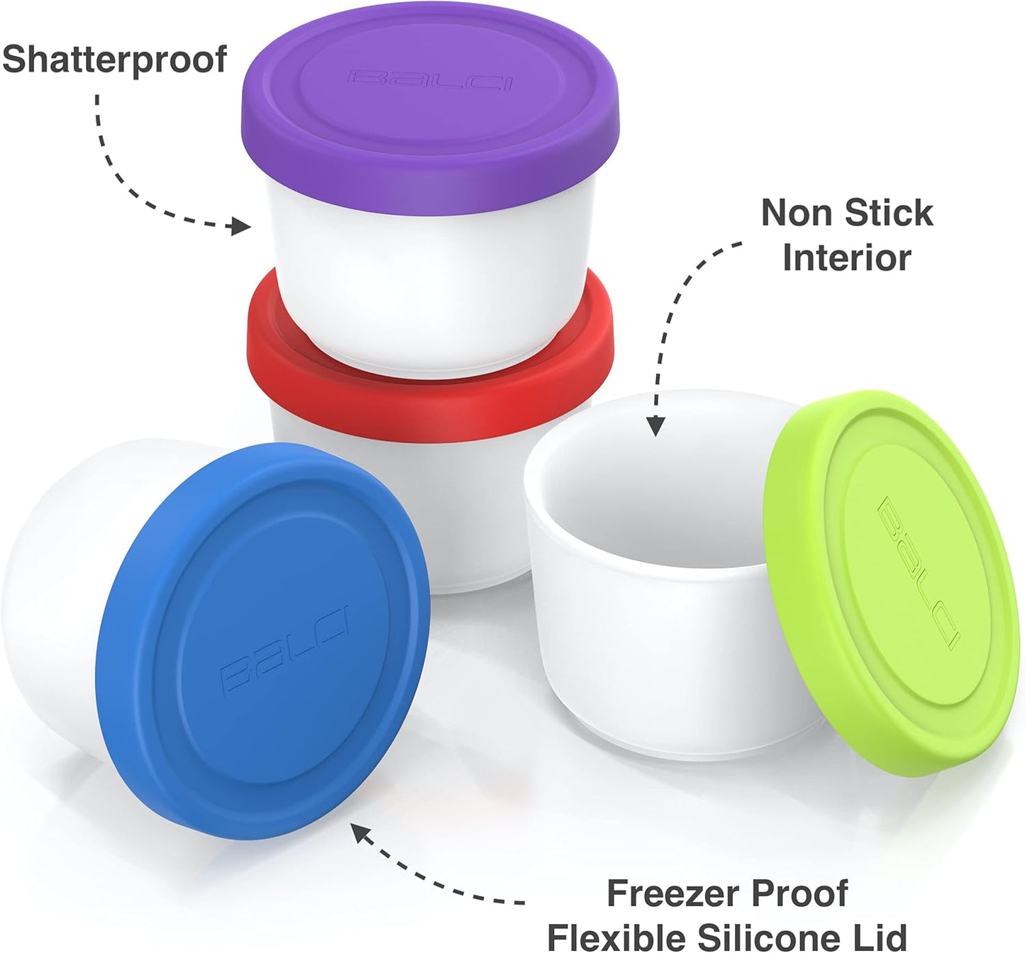 BALCI - 8oz Mini Ice Cream Containers with Silicone Lids (Set of 4) - Freezer Food Storage Containers, Reusable, LeakProof, For Homemade IceCream Containers - Blue, Red, Green, Purple