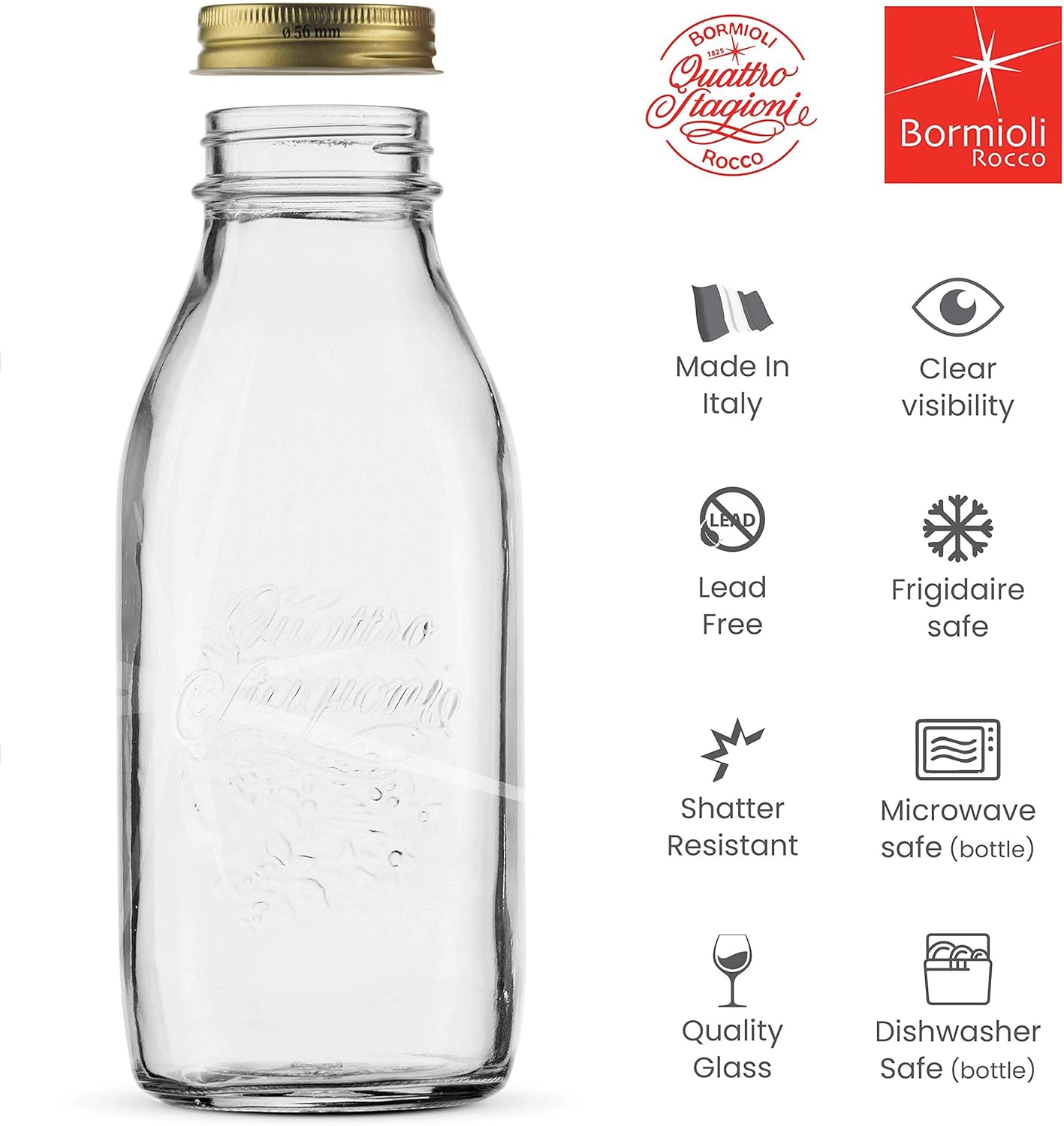 Bormioli Rocco Quattro Stagioni Glass Milk Bottle 33.75 Ounce/1 Liter with Airtight Lid, Great For Kombucha Brewing Bottle, Beer, Homemade Juicing, Smoothies, Beverages, Durable Construction. (6 Pack)