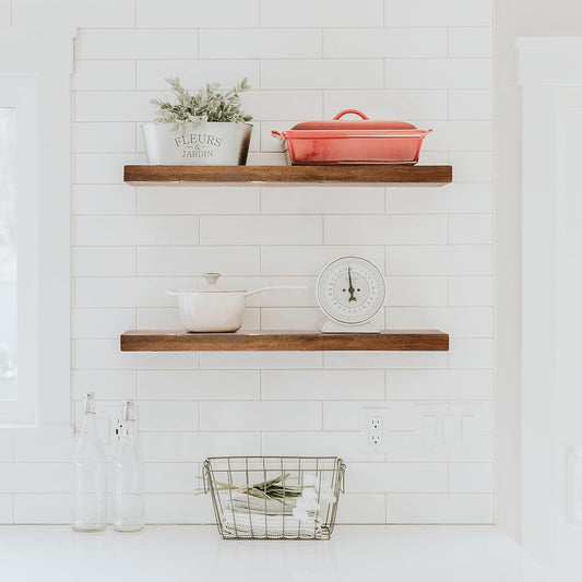 URBANDI, Rustic Floating Shelves, Set of 2, Hidden Bracket, Solid Wood, Heavy Duty, Wall Mounted Shelves, (Provincial, 60Wx6D)