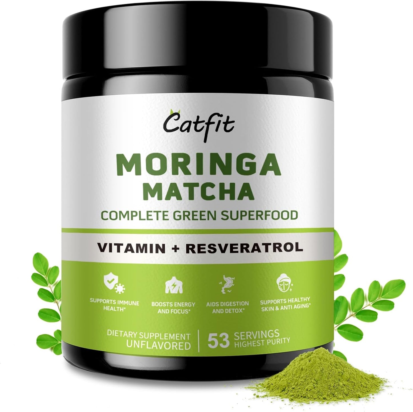 Matcha Powder with Moringa, Green Tea and Resveratrol, 4-in-1 Superfood for Energy, Immune, Digestion and Antioxidant Support, Vegan, Gluten-Free, 5.64 oz