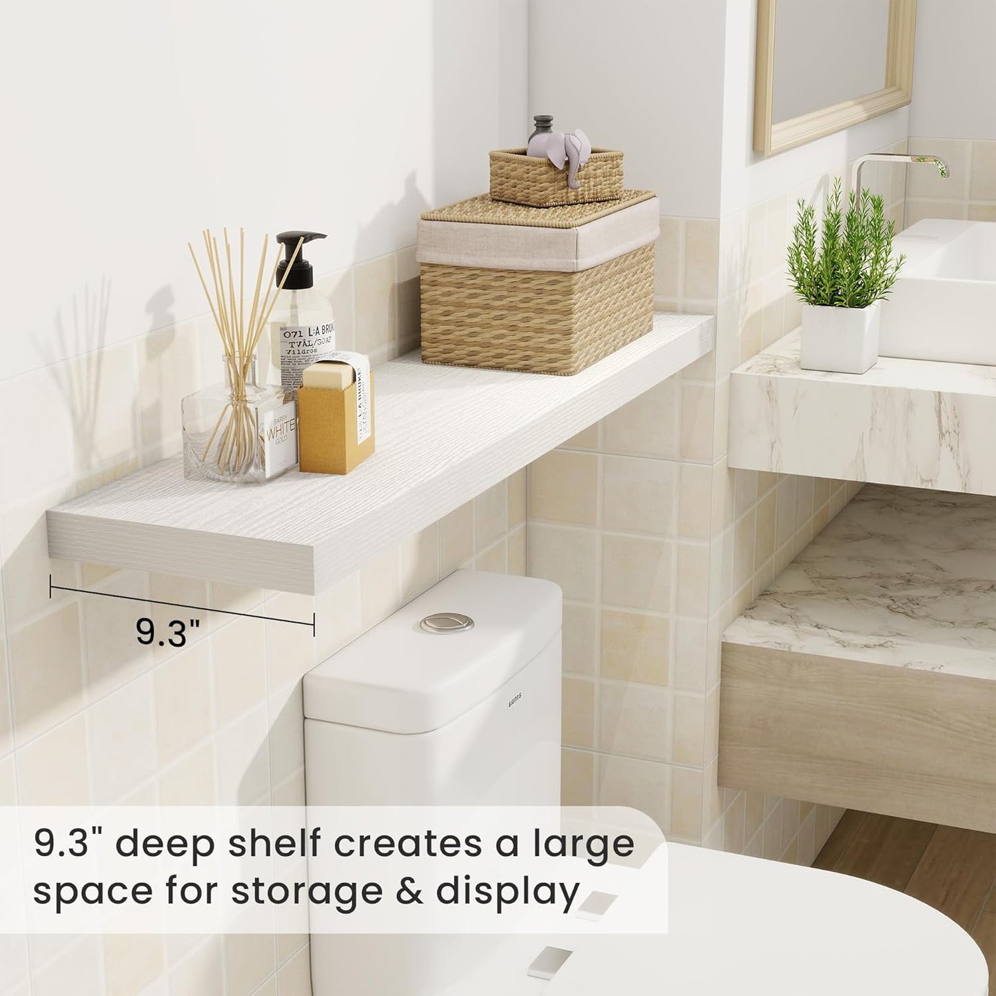 Fun Memories 40" Rustic Wood Floating Shelves with Invisible Brackets for Storage & Decor, Deep Wall Mounted Shelves for Bathroom, Kitchen, Living Room (White, Set of 2)