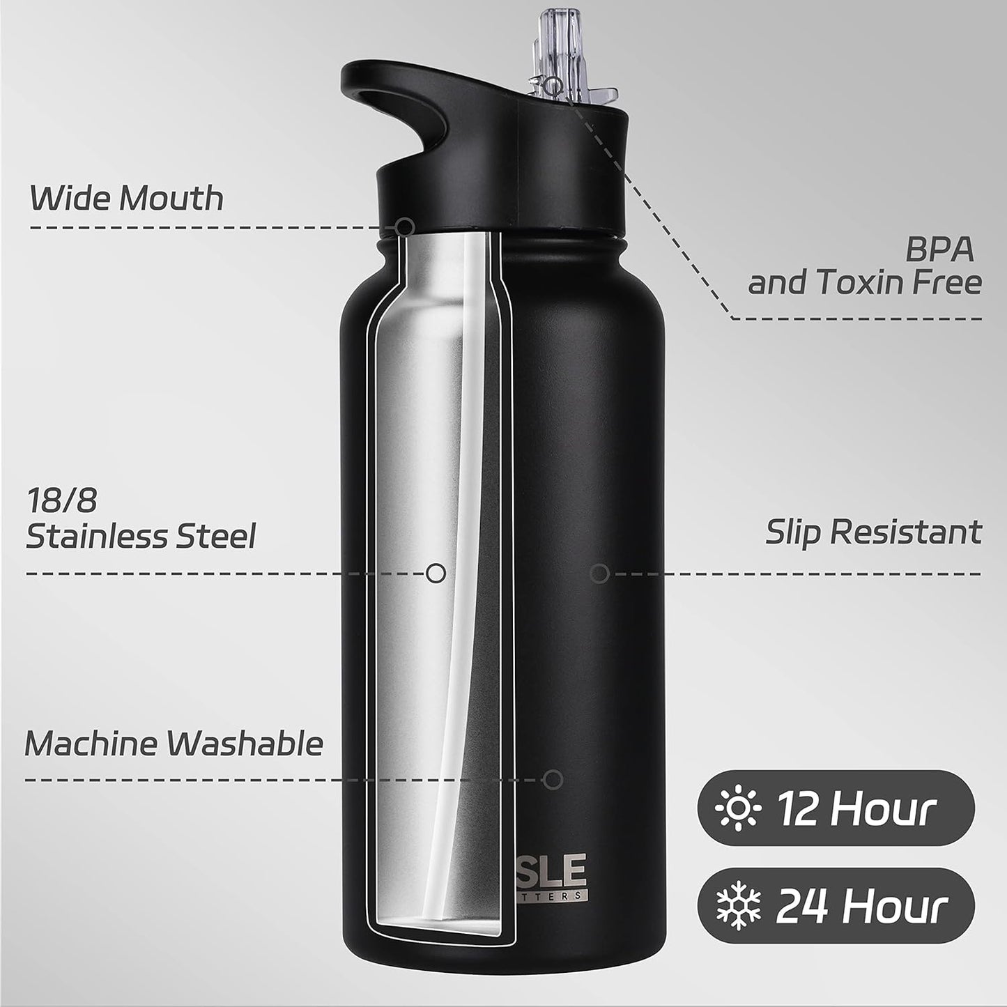 HASLE OUTFITTERS 32 oz Insulated Water Bottle Stainless Steel Double Walled Vacuum Sports Water Bottle with 2 Lids (Straw and Spout Lid) for Gym Camping Hiking(Black,8)