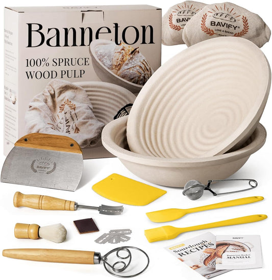 Wood Pulp Banneton Bread Proofing Basket Set, 9" 2.2LB Round Sourdough Banneton Basket Kit, Sourdough Bread Making Tool Baking Supplies with Proofing Bowl, Cover, Dough Whisk, Lame, Scraper