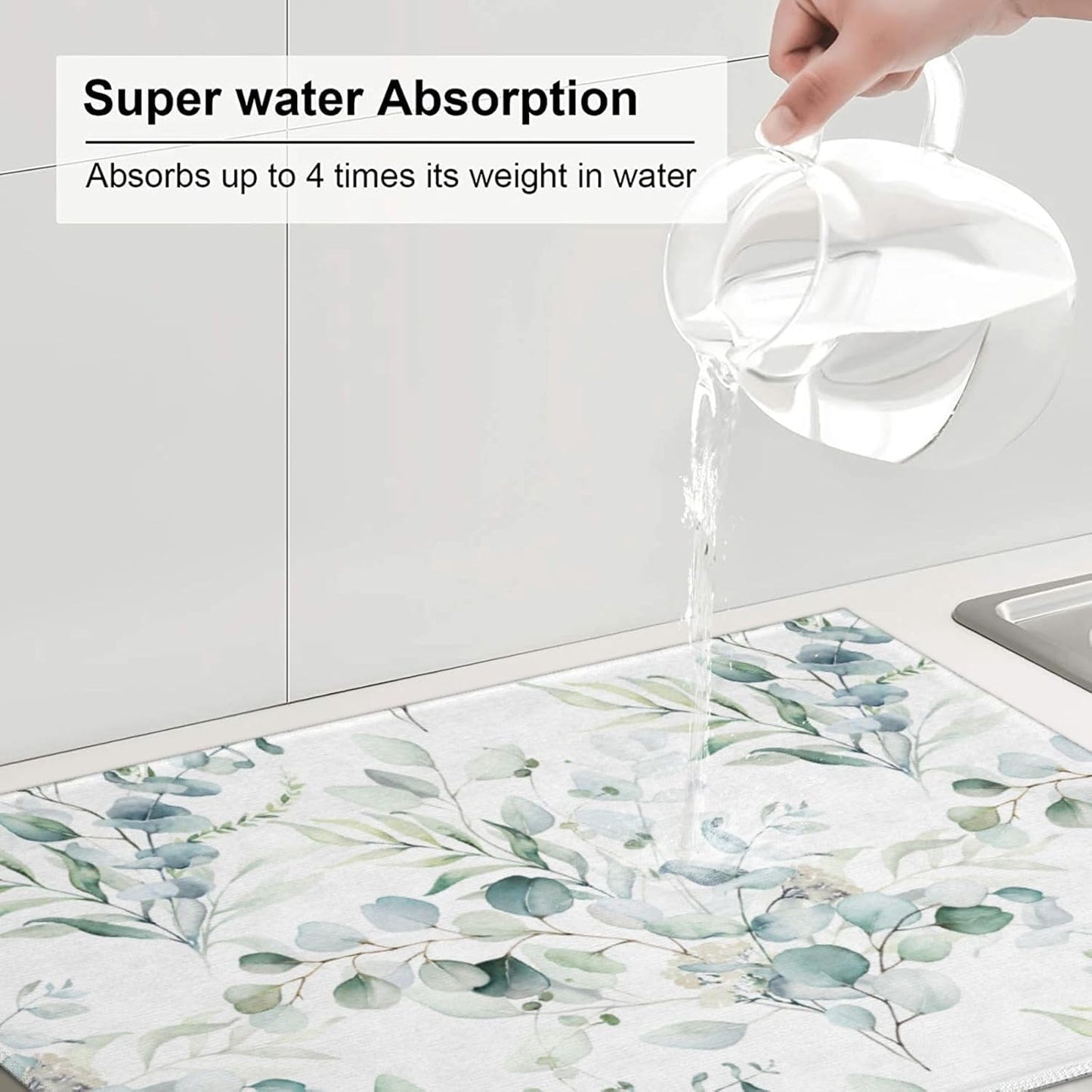 Sage Green Leaves Dish Drying Mat 18x24 inch for Kitchen Counter Watercolor Herbs Plant Kitchen Drying Mats Dishes Pad Absorbent Fast Dry Dish Draining Mats Large Kitchen Accessories