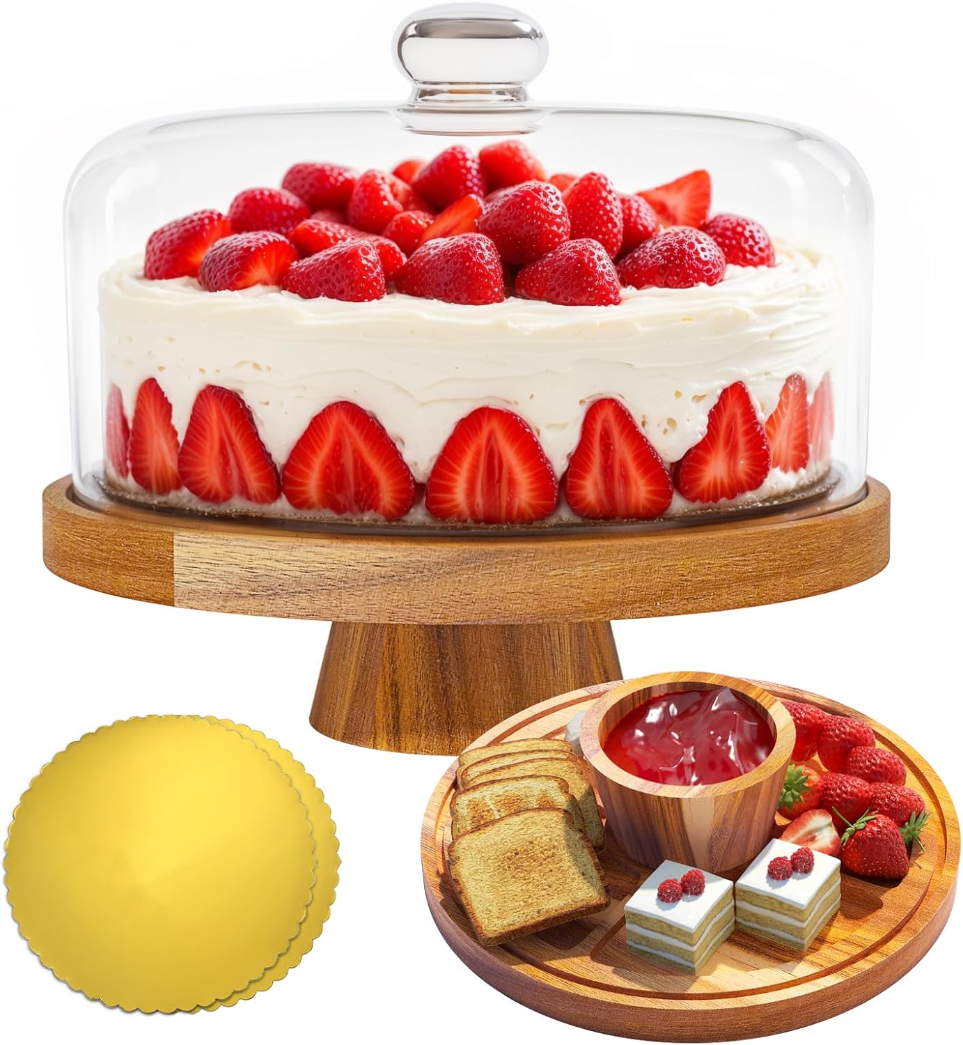 Acacia Wood Cake Stand with Lid, 12" Glass Cake Stand with Dome Cake Holder, 2-in-1 Dessert Table Display Set & Charcuterie Board for Weddings, Parties, Bakeries