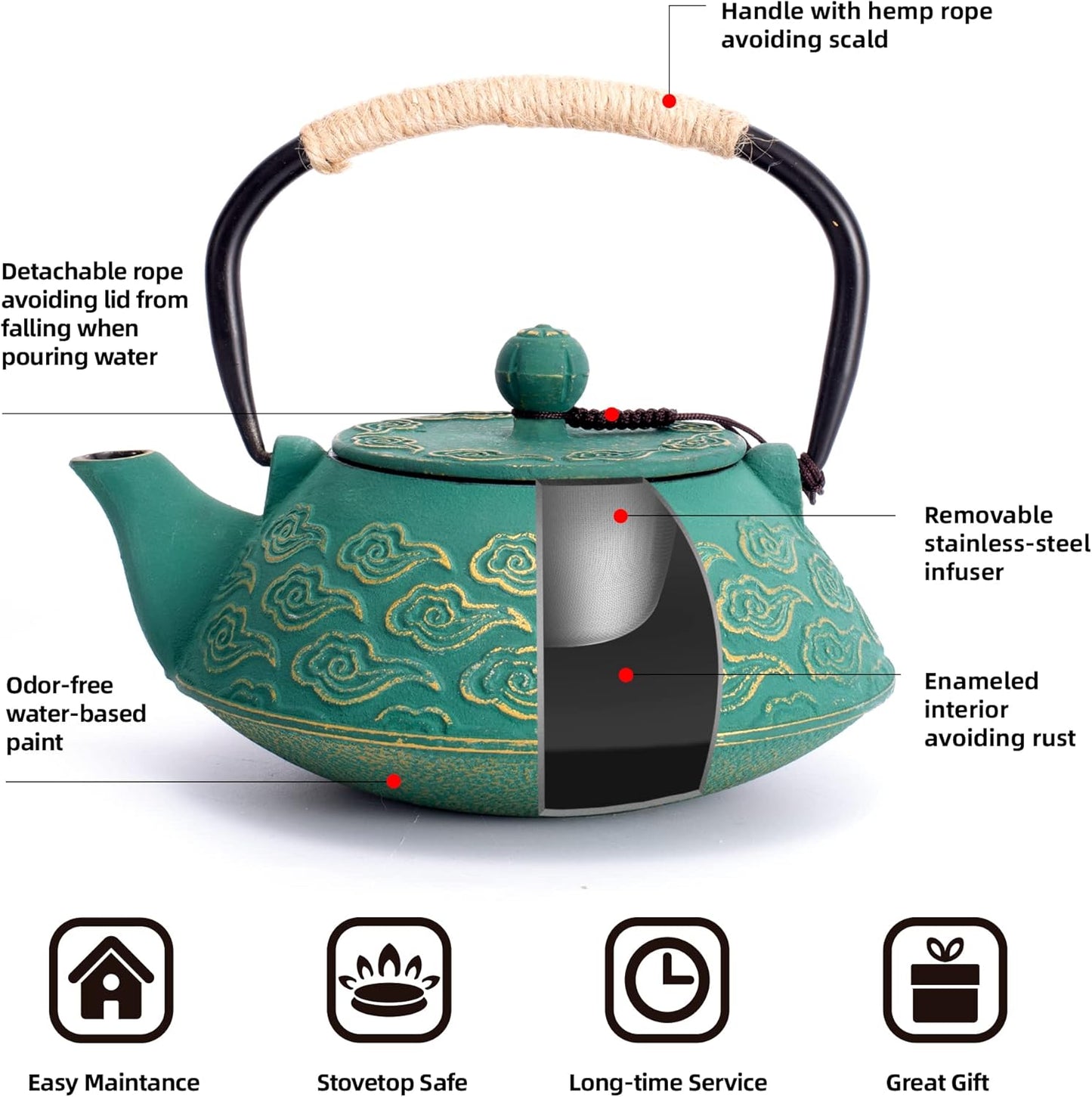 Cast Iron Teapot, Japanese Tea Pot with Infuser for Loose Leaf, Tea Kettle Stovetop Safe Coated with Enameled Interior, Clouds Pattern 27oz, 800ml Black