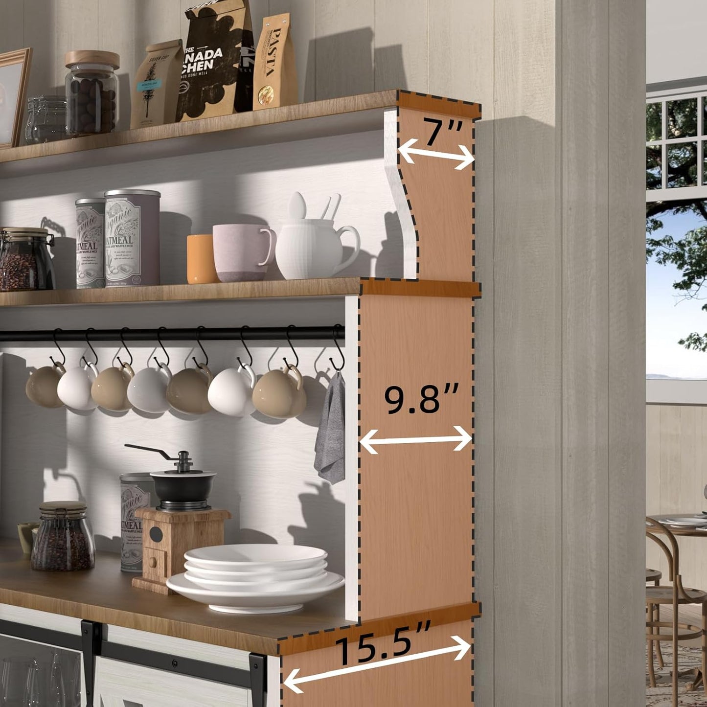 55'' Farmhouse Coffee Bar Cabinet with 3 Tier Storage Hutch, Coffee Bar Station with Sliding Barn Door, Hutch Storage Cabinet with 12 Wine Racks & 9 Hooks for Kitchen Dining Living Room