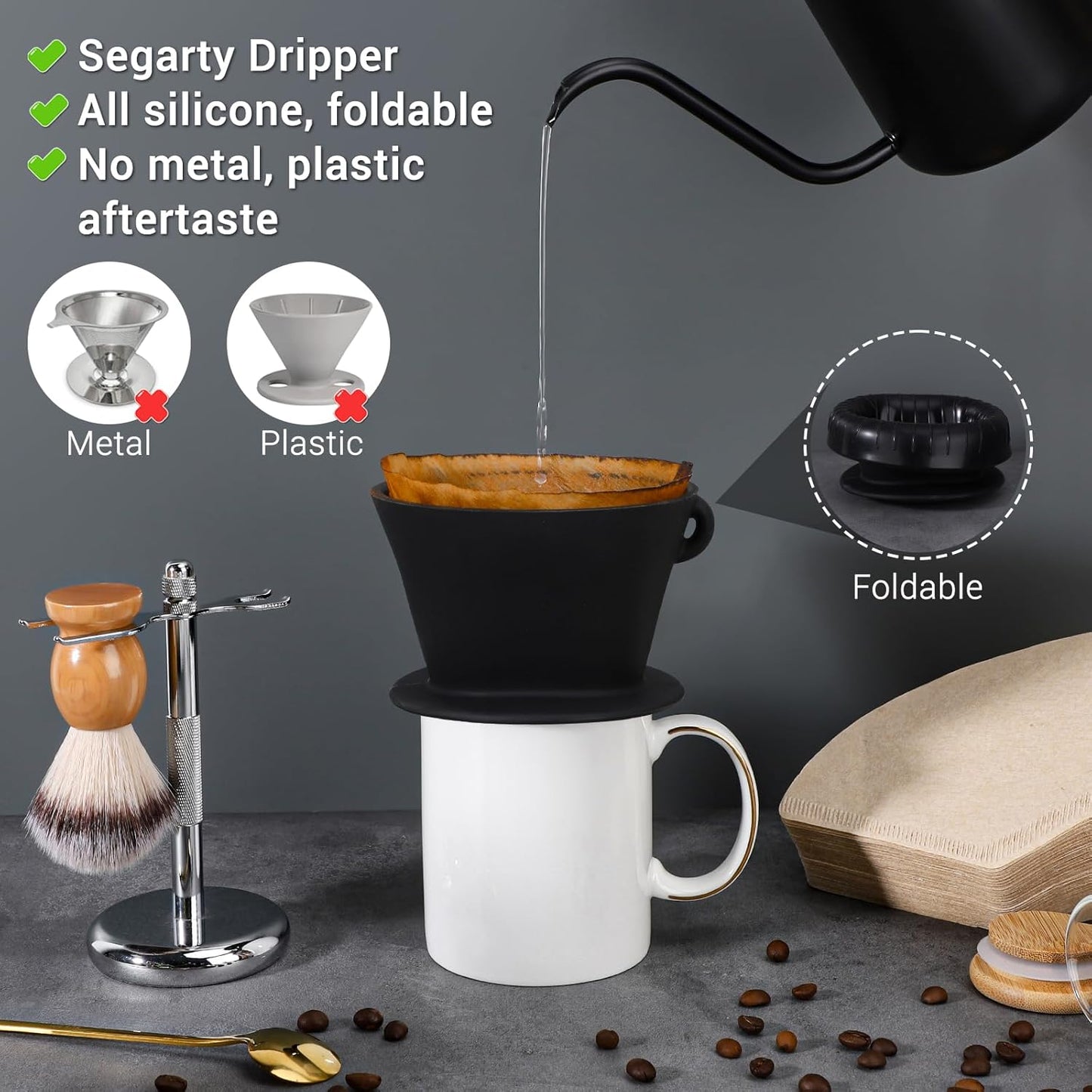 Segarty Pour Over Coffee Maker Set, Black Silicone Dripper Single Cup With 200 Count Cone Filters Paper Size 2, Portable Travel Hand Drip Brewer Kit for Camping
