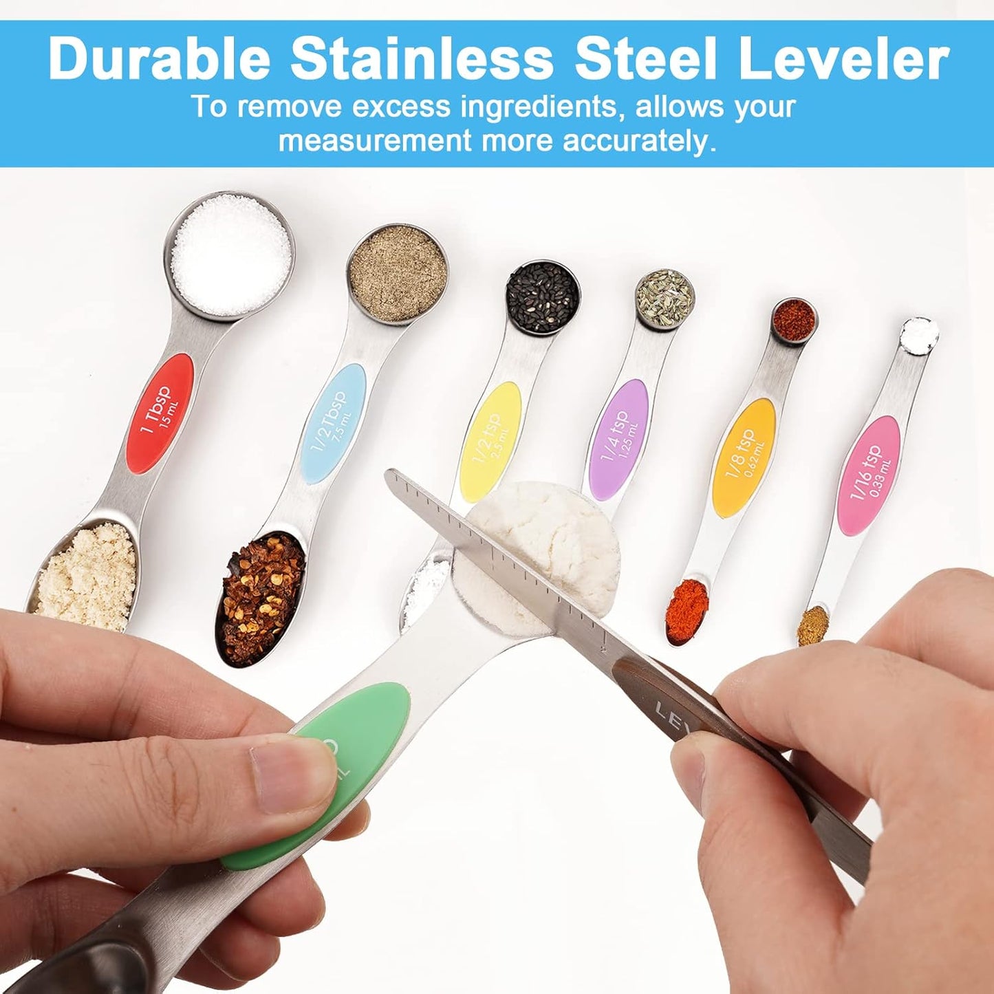 Aovchei 8 PCS Magnetic Measuring Spoons Set, Dual Sided, Stainless Steel Small Tablespoon, Teaspoons, Fits in Spice Jars, for Dry and Liquid, Multi-Color