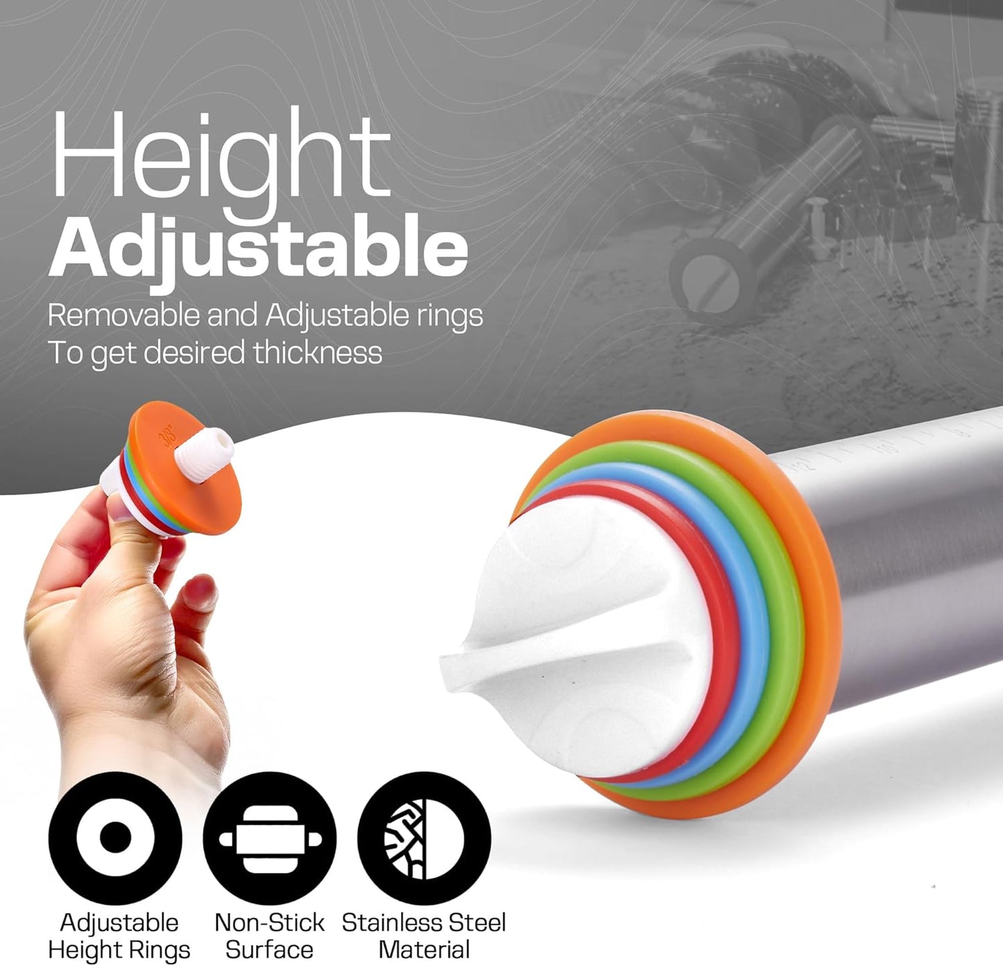 Adjustable Stainless Steel Rolling Pin with 4 Dough Thickness Rings & Non-Stick Red Pastry Mat – 17" Professional Tool for Baking Pizza, Pasta, Cookies & Pie Crusts