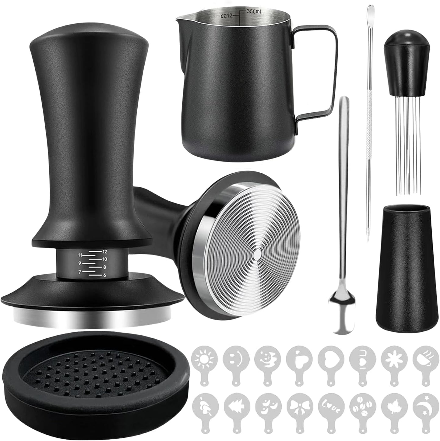 22 PCS Espresso Accessories Kit，58mm Coffee Tamper Set ，Barista Kit， - with Frothing Pitcher，WDT Tool，Stirrer，Tamper Mat ，Coffee Stencils，Latte Art Pen