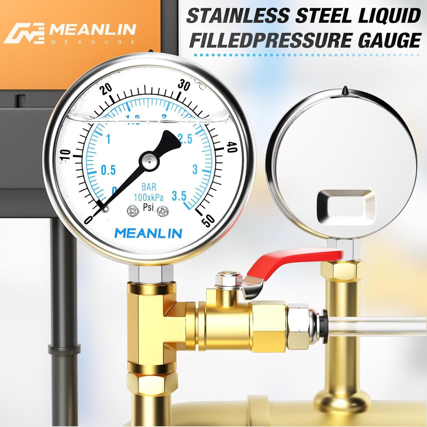 MEANLIN MEASURE 0~50Psi Liquid Filled Pressure Gauge Stainless Steel with 316 Stainless Steel Joint 1/4" NPT 2.5" FACE DIAL for Pool Sand Filter Water Oil Air Pressure Test Lower Mount