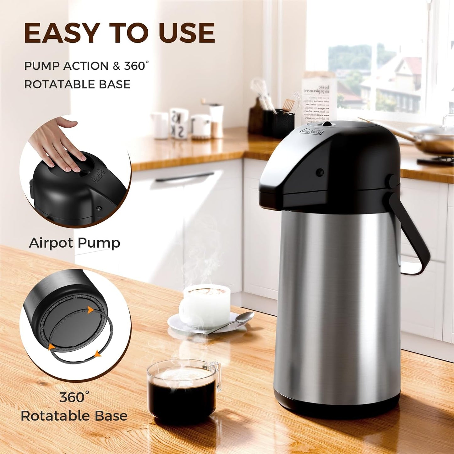 Coffee Carafe for Keeping Hot - 64OZ / 1.9L Airpot Coffee Dispenser with Pump - Large Coffee Thermos for Hot Drinks Tea Liquid - Insulated Stainless Steel Hot Water Beverage Dispenser Urn for Parties