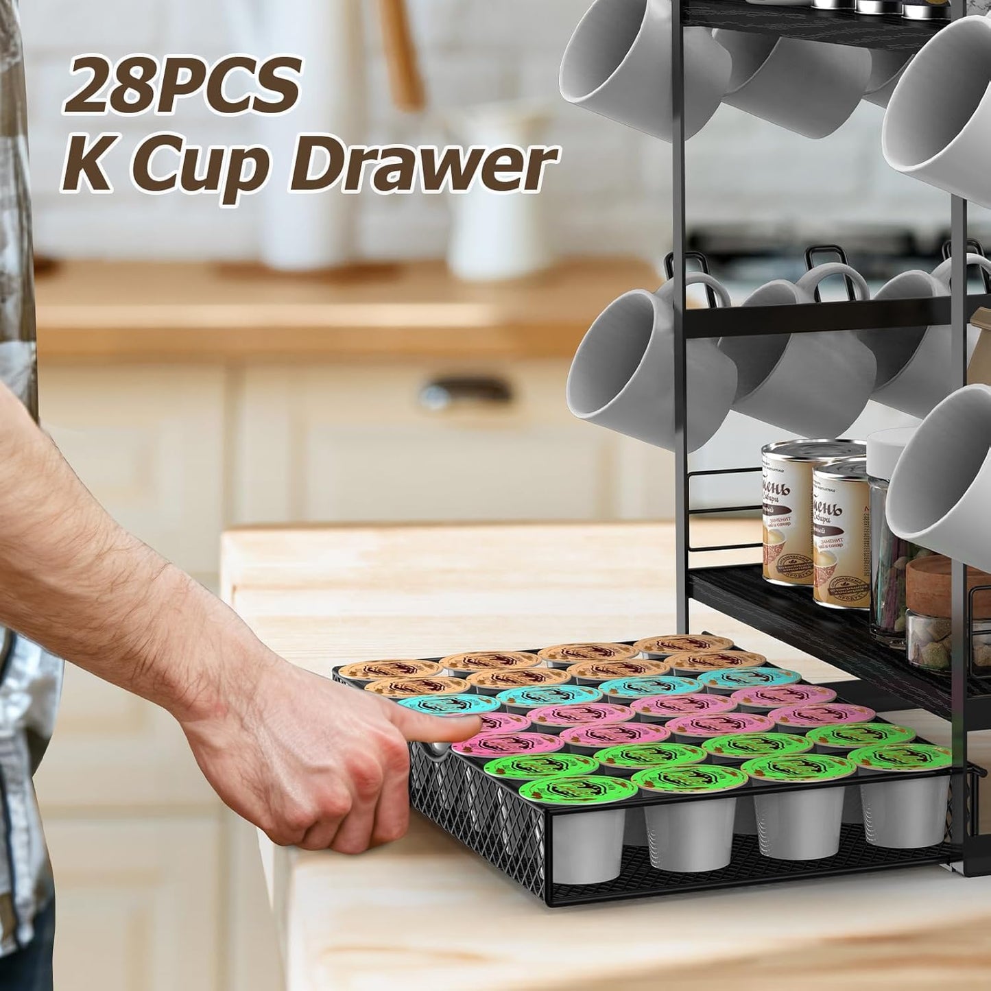 Coffee Bar Organizer, 3 Tier Station for Countertop, Mug Cup Holder Stand With 28 K Cup Storage and 12 Hooks for Kitchen, Home & Office, Black
