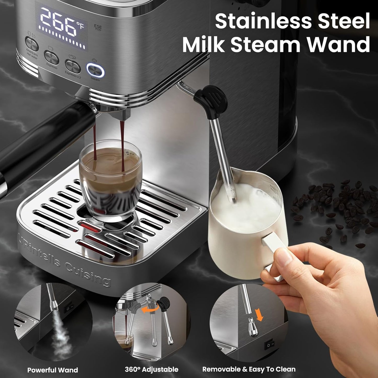Espresso Machine 20 Bar Temperature Control LED Display Expresso Machine for Home with Steam Milk Frother for Cappuccino Latte Stainless Steel Espresso Maker with Removable Water Tank for Americano