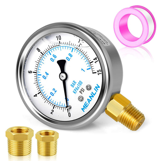 MEANLIN MEASURE 0~15Psi Stainless Steel 1/4" NPT 2.5" FACE DIAL Liquid Filled Pressure Gauge WOG Water Oil Lower Mount, with 1/4" x 1/2" NPT and 1/4" x 3/8" NPT Hex Bushing