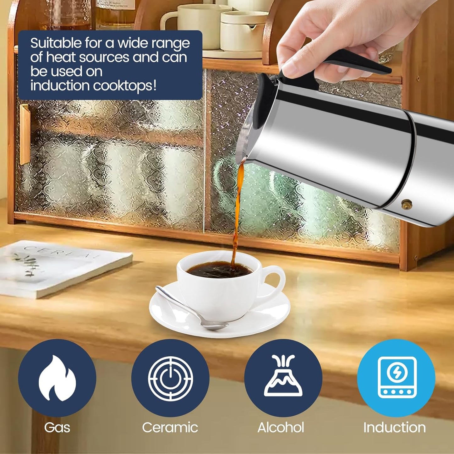 9 Cup Moka Pot Stainless Steel 450ml Italian Espresso Coffee Maker Stovetop Coffee Makers Mocha Pot Percolator Greca Coffee Maker for Induction Stove Portable for Easy Brewing Straight