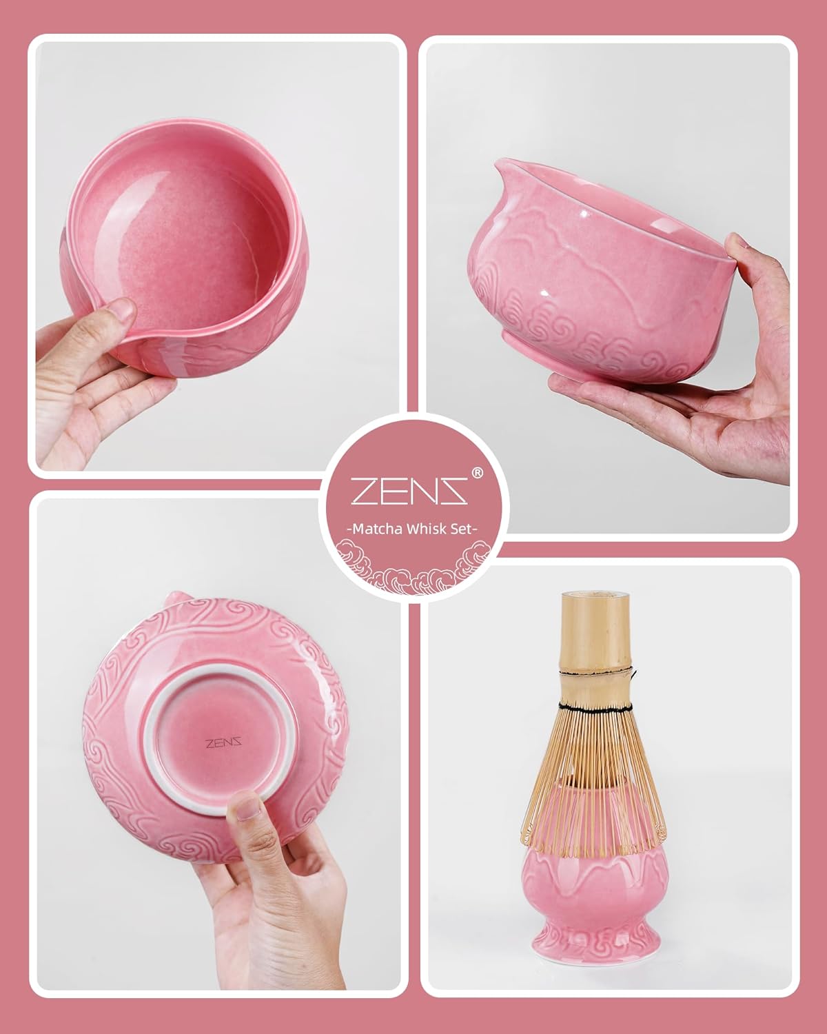 ZENS Pink Matcha Set, Matcha Whisk Set Includes Ceramic Bowl, Matcha Whisk and Chasen Holder, Bamboo Scoop-Tea Towel, 5pcs Matcha Kit Set for Matcha Lovers, Sakura Pink