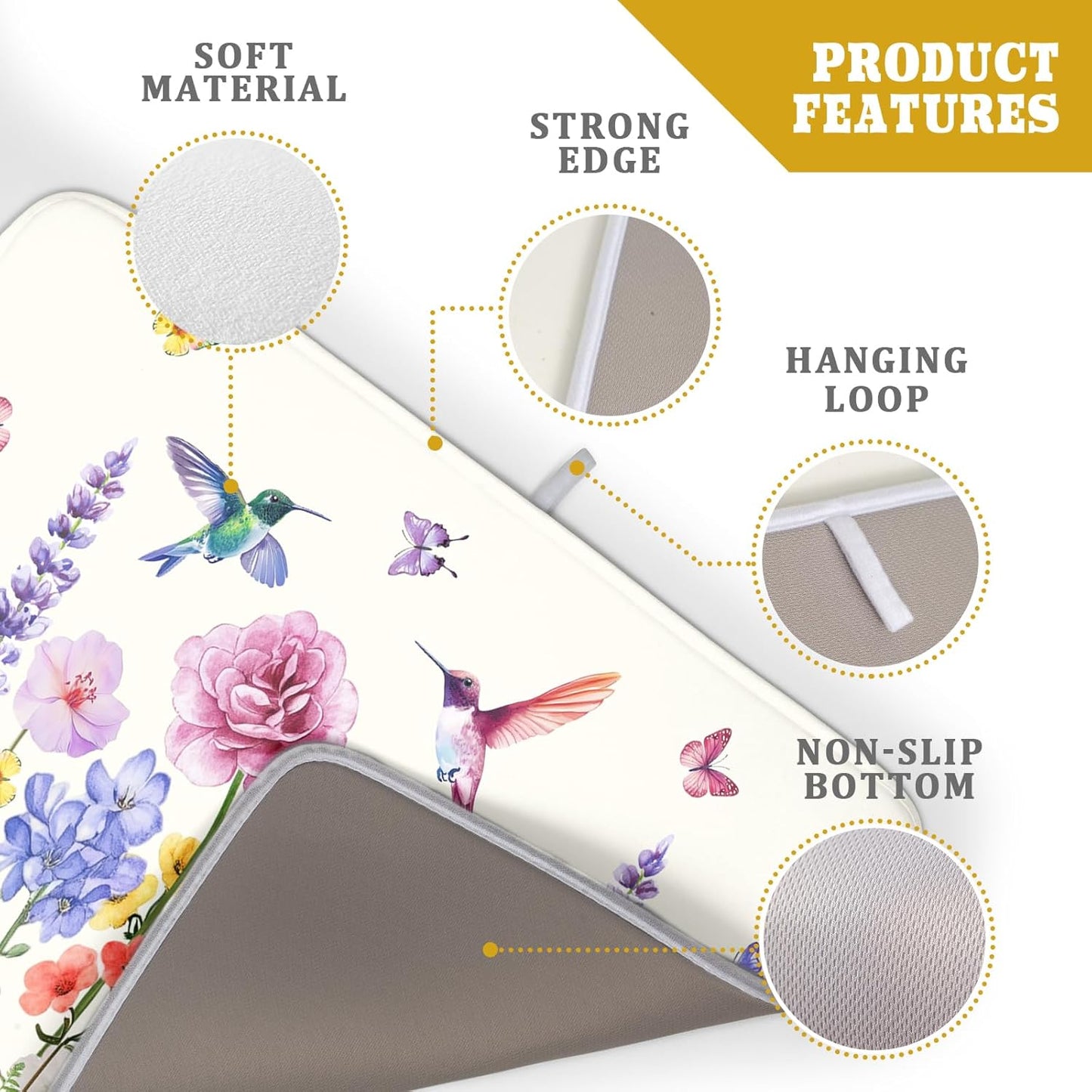 Giwawa Hummingbird Flower Dish Drying Mat 18x24 inch Watercolor Spring Herb Floral Dish Drainer Mats Wildflower Plant Reversible Microfiber Dish Drying Pad for Kitchen Countertop Large Decor