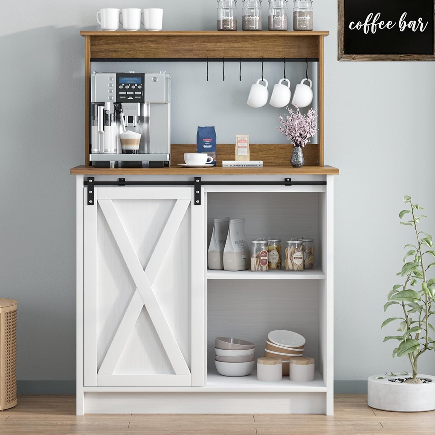 Farmhouse Coffee Bar with Hutch, White Coffee Bar Cabinet with Storage Sliding Barn Door, 31 Inch Buffet Cabinet with 6 Hooks, Coffee Bar Table with Adjustable Shelves for Living Dining Room