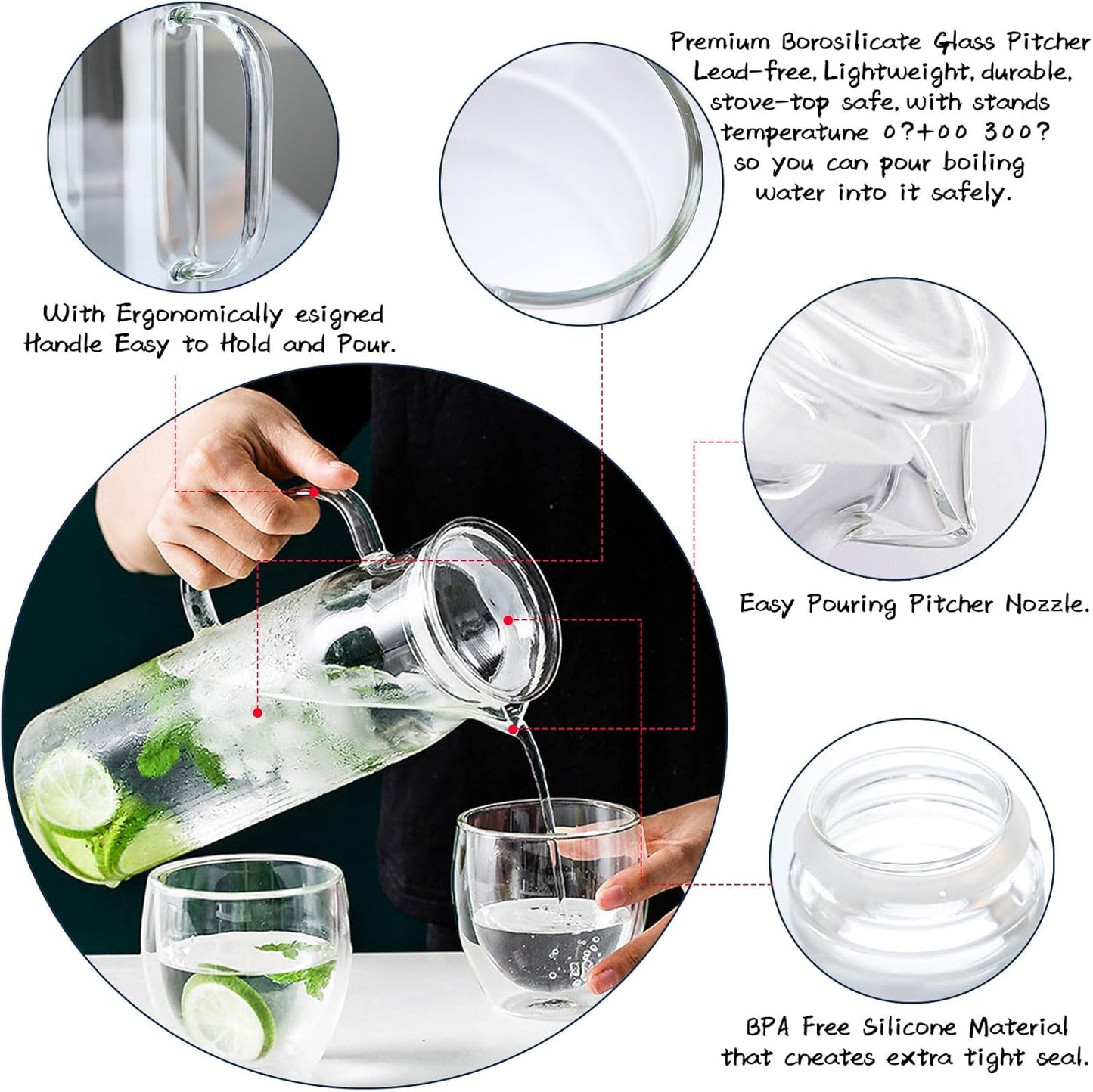 hjn Glass Water Pitcher with Lid Glass Carafe with Handle, Fridge Water Jug for Cold or Hot Beverages,Iced Tea,Milk,Juice 1500ml/51oz & glass lid