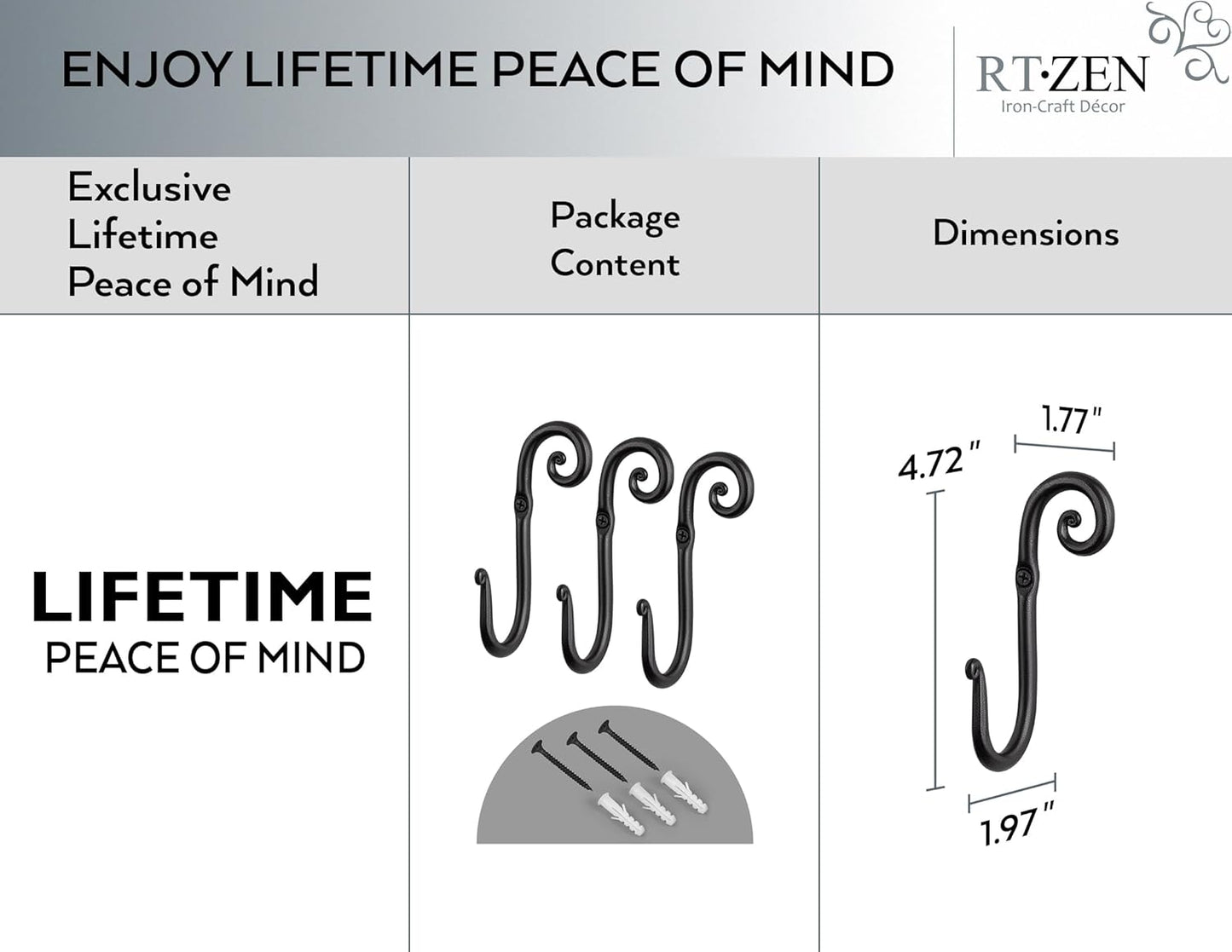 RTZEN Wall Mount Hook Set - Wrought Iron Decorative Rustic Metal Coat Hooks for Hanging - Handcrafted Classic Farmhouse Wall Mounted Black Hooks for Towel Robe or Hat Hanging - 3 Pack