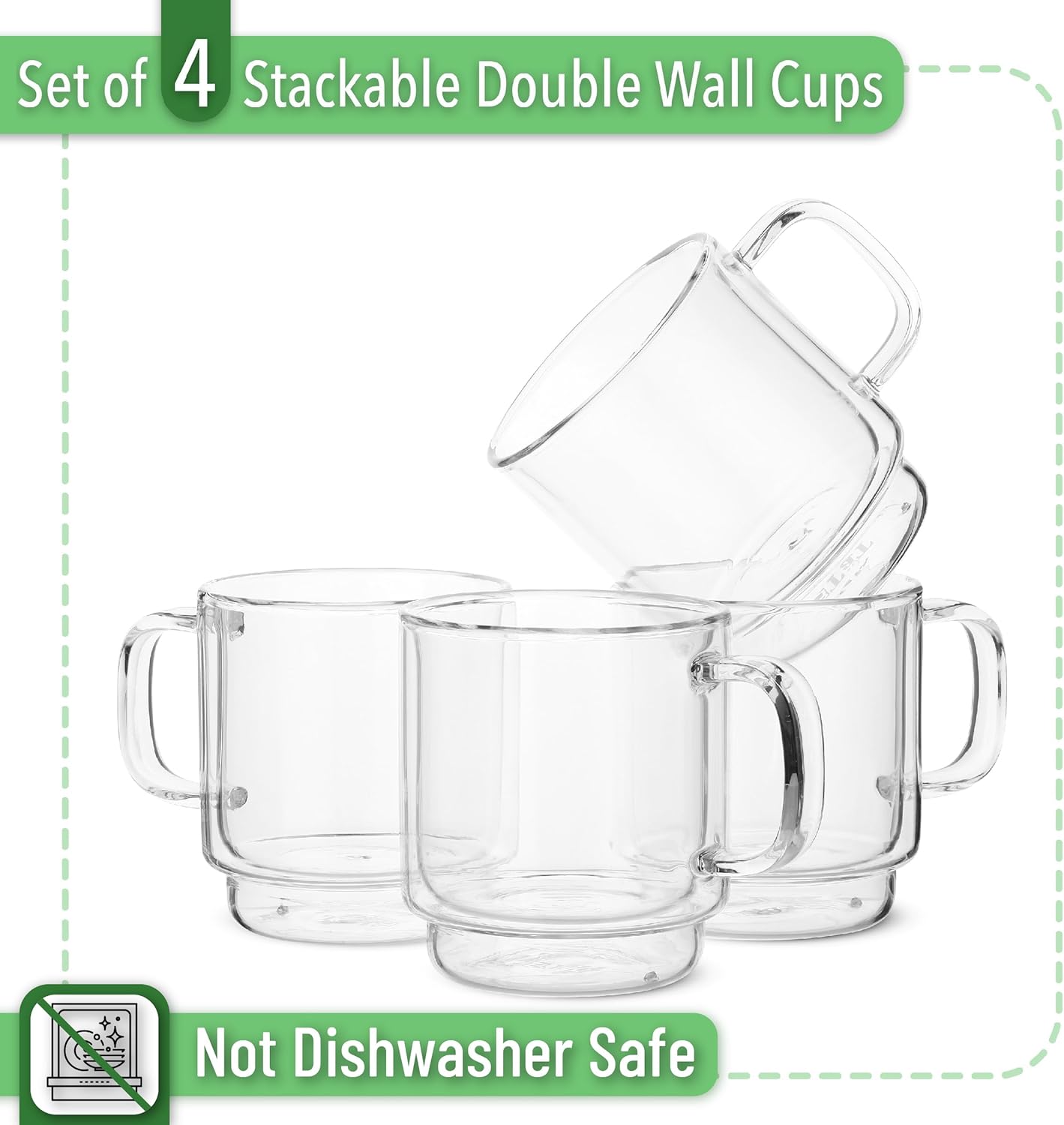 BTaT- Stackable Espresso Cups, Set of 4 (5.0 oz, 150 ml), Double Wall Glass Coffee Mugs, Clear Tea Cup, Demitasse