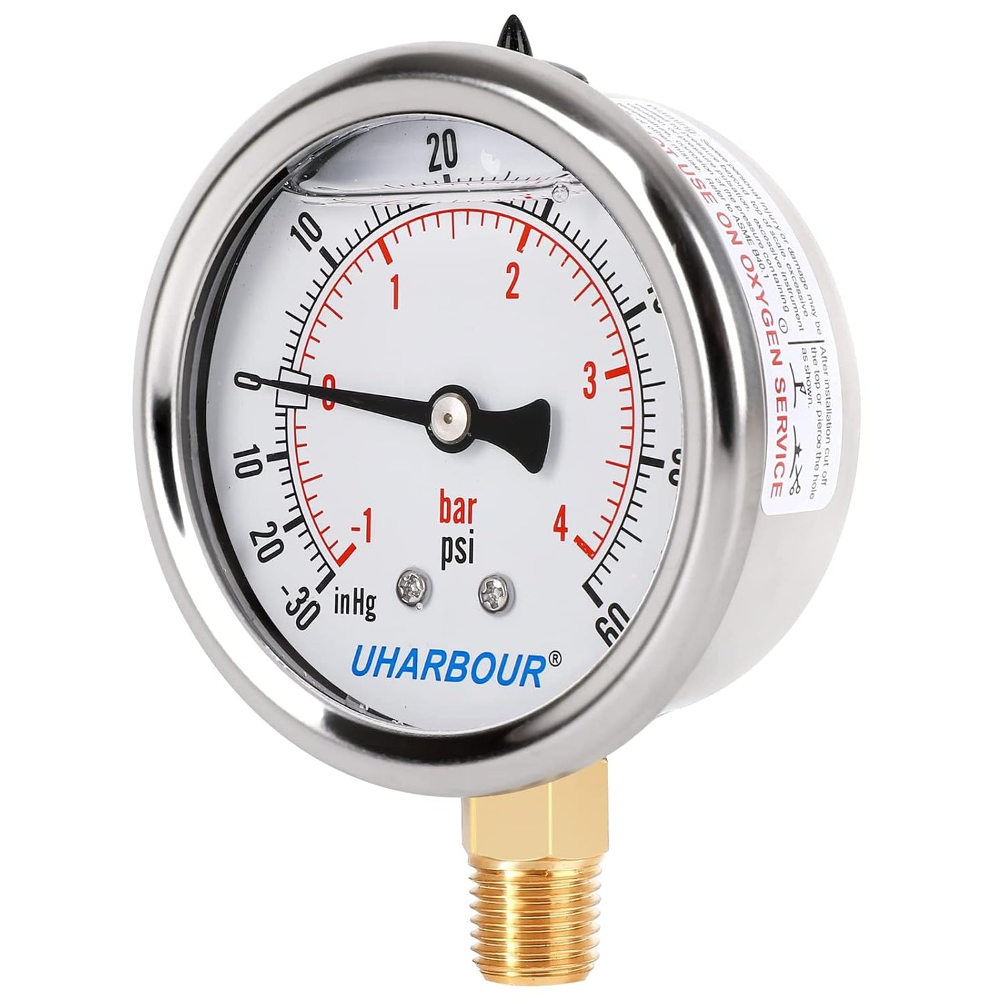 Glycerin Filled Pressure Gauge with 304 Stainless Steel Case, 2.5" Dial Size, 30InHg/60psi, High Accuracy, 1/4" NPT Center Lower Mount…