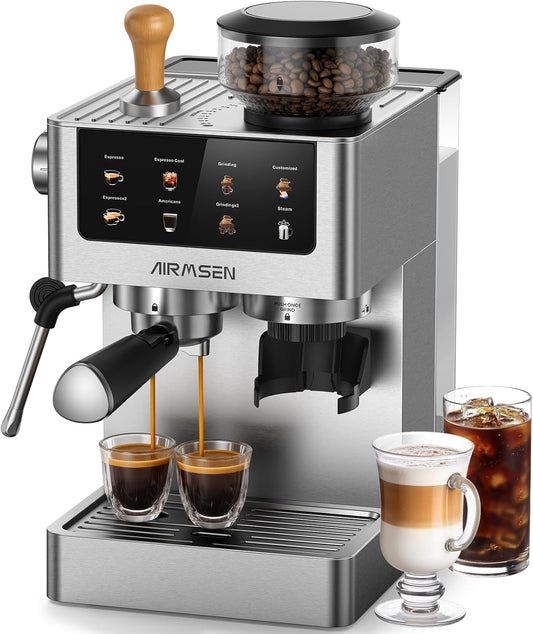AIRMSEN Espresso Machines with Burr Grinder, 20 Bar, Milk Frother Steam Wand, Stainless Steel Coffee Maker for Home - Cappuccino Latte & Cold Brew Iced Coffee Maker & Americano