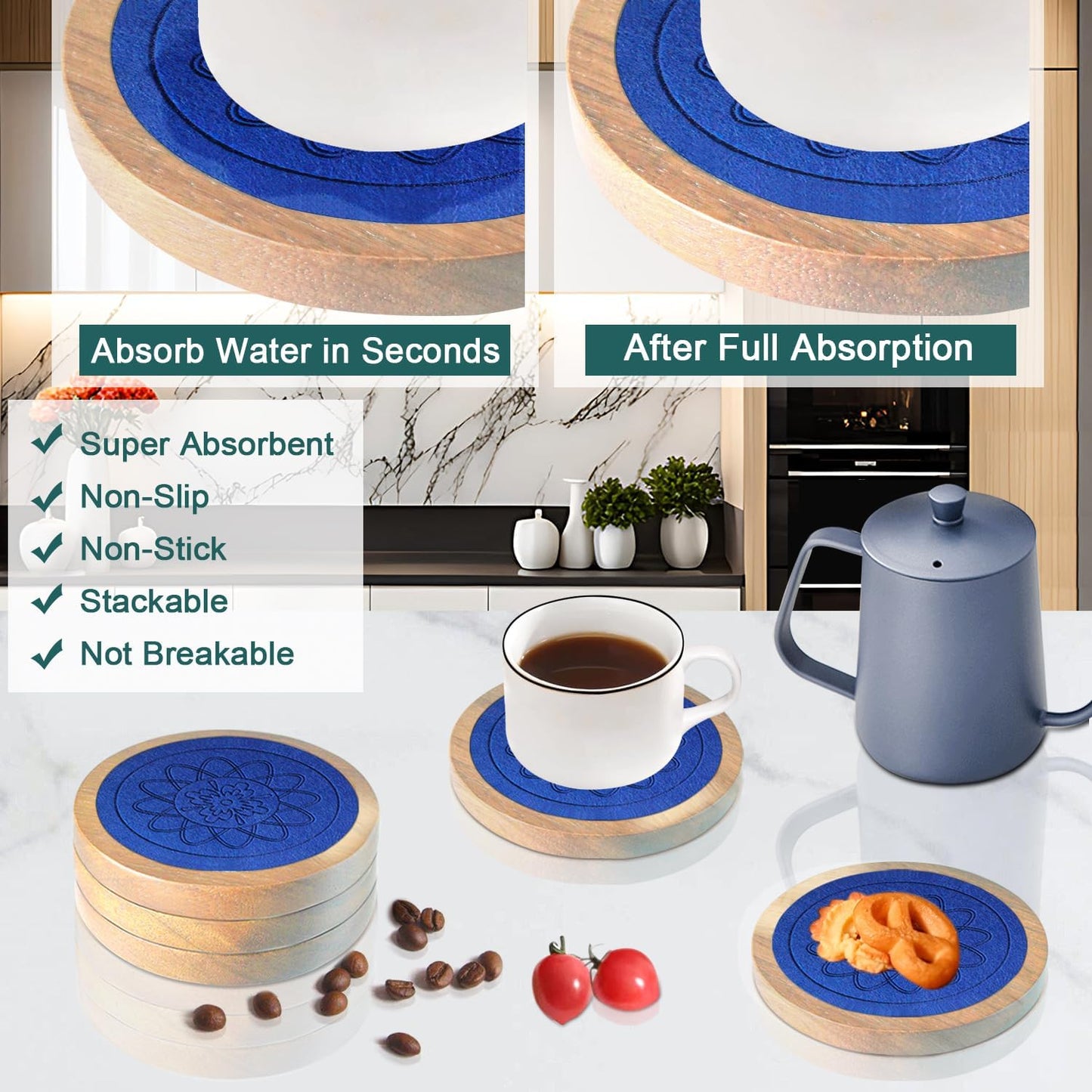 5 Pack Wood Coasters for Drinks, Minacun Absorbent Coaster Set, Drinks Coasters for Coffee Tabletop Protection, Non-Slip, Non-Stick, Suitable for Kinds of Cups Wooden Table Drink, 4.3 Inch Blue