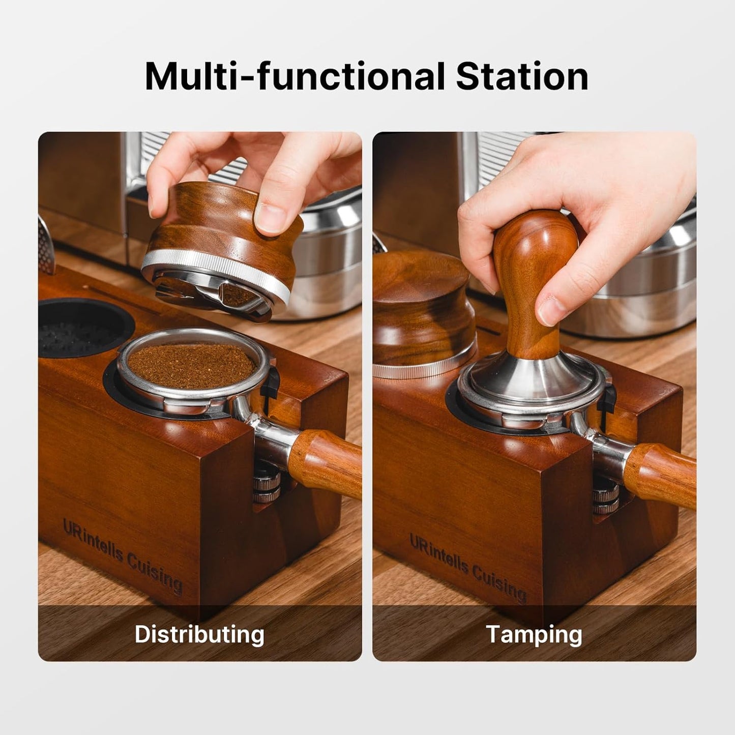 Espresso Tamping Station 8 in 1 Red Rosewood Multifunctional Coffee Organizer with Stainless Steel Drawer Fits 51, 54, 58mm Espresso Tamper, Portafilter, Distributor & Puck Screen Espresso Accessories