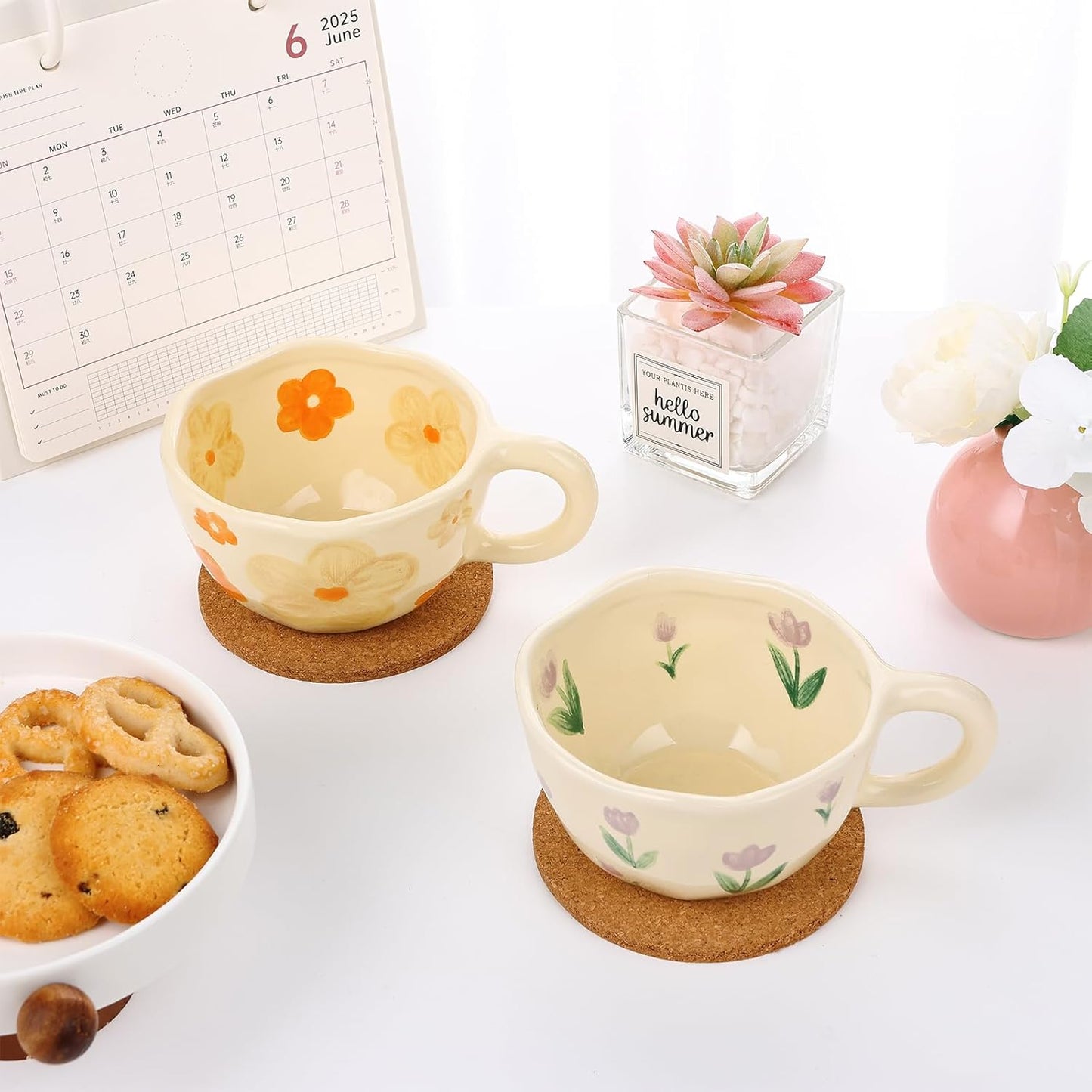 Cute Coffee Mug Set of 2 Vintage Flower Mugs 8 oz Ceramic Floral Coffee Mugs Irregular Latte Art Cup Lead-free Porcelain Cups for Cappuccino, Cocoa (Orange Flowers and Purple Tulips)