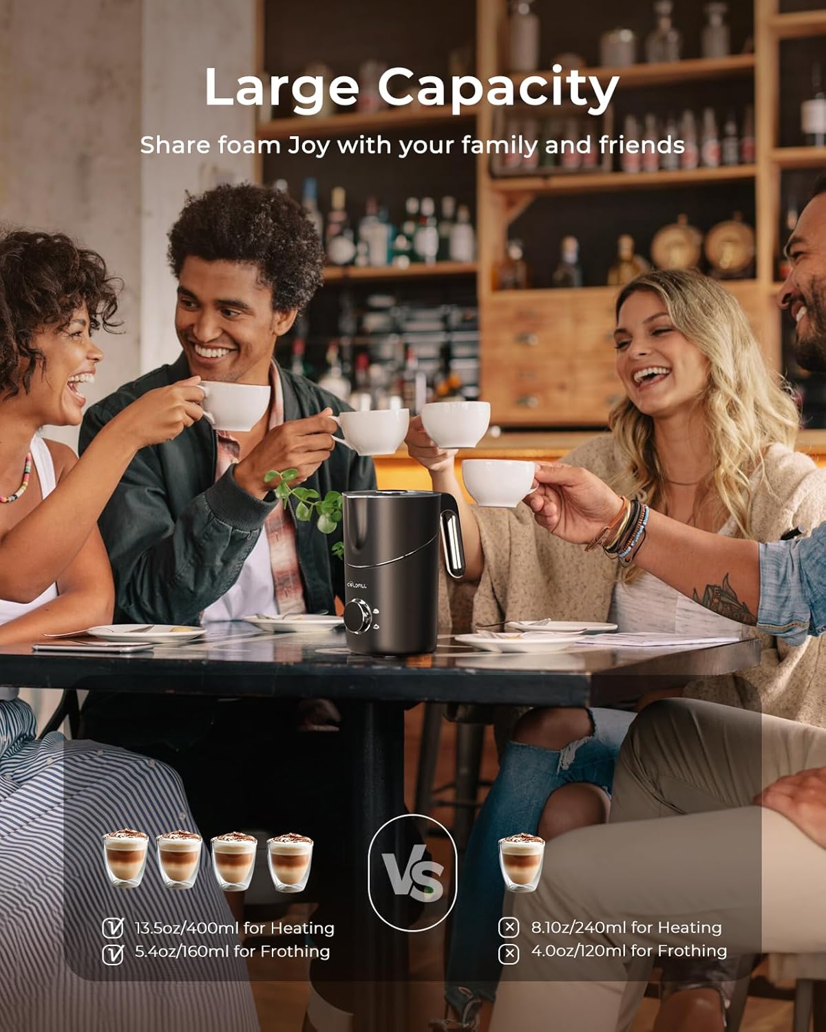 Milk Frother and Steamer, 8-in-1 Rechargeable Electric Milk Frother for Coffee, 13.5oz/400mL Large Capacity Automatic Warm and Cold Foam Maker, Hot Chocolate Maker Coffee Frother, Black