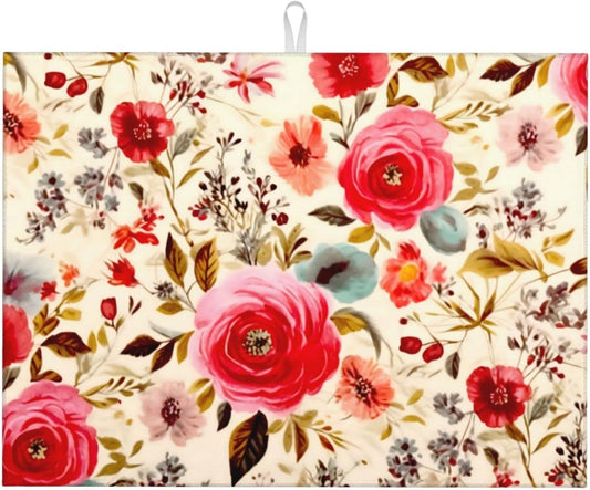 Large Dish Drying Mats For Kitchen Counter Microfiber Kitchen Drying Mat XL Draining Pad Absorbent Quick Drying Dish Mat 18x24 Inch - Floral Boho Flowers