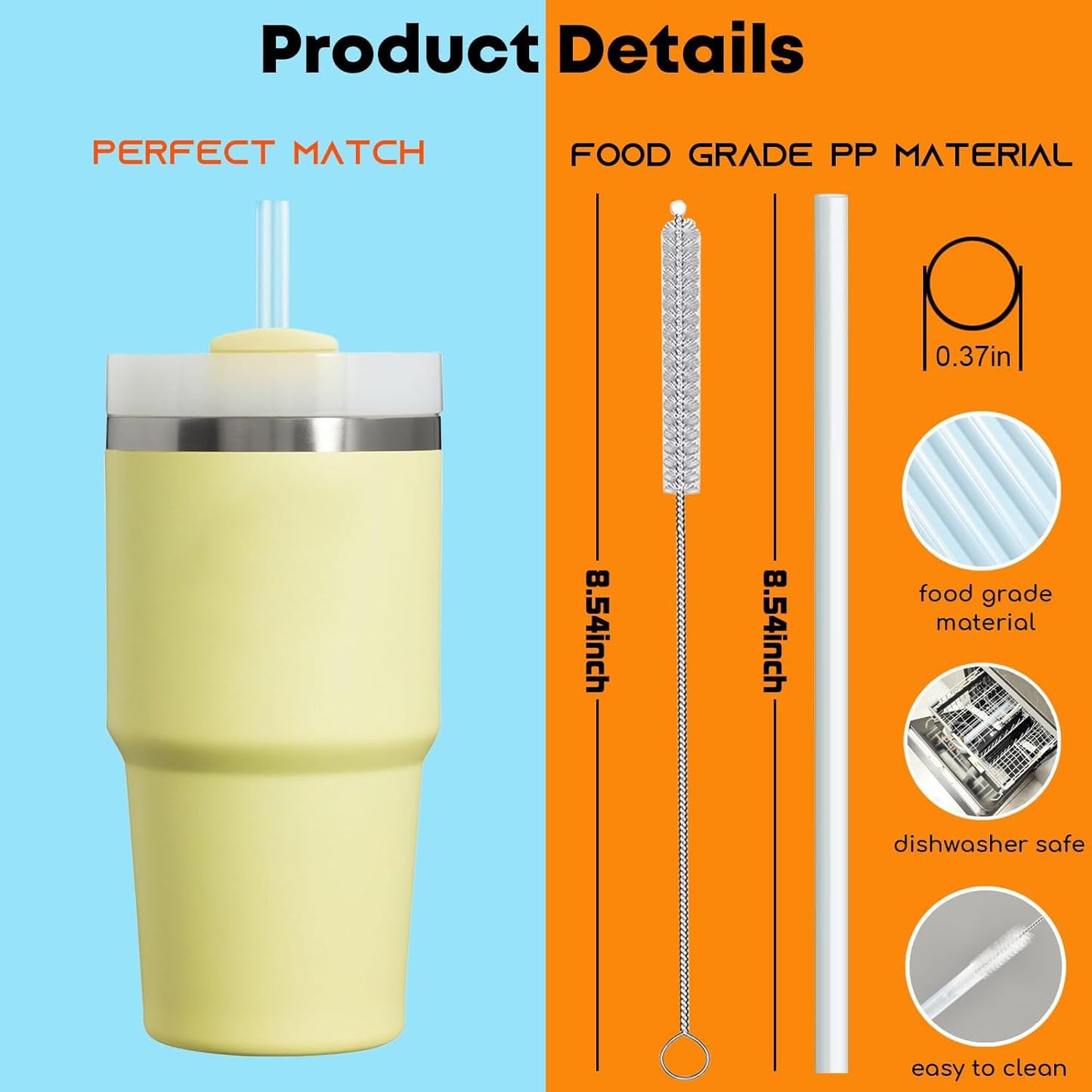 ALINK Clear Replacement Straws for Stanley 20oz 14oz Tumble, 6 Pack Reusable Straws for Stanley Quencher 20oz 14oz Cups with Cleaning Brush, Dishwasher Safe and BPA Free